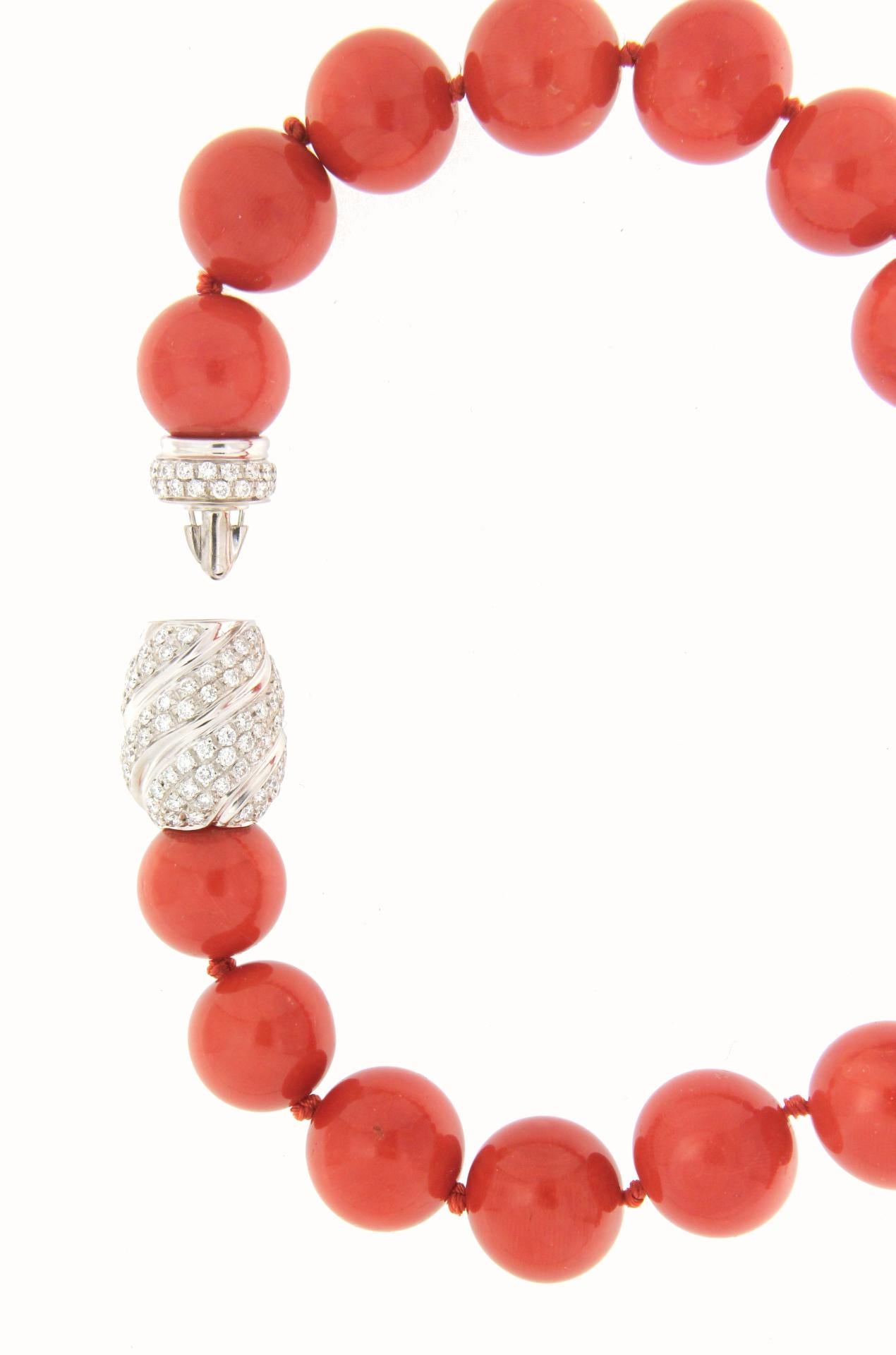 Artisan Handcraft Sardinian Coral 18 Karat White Gold Diamonds Beaded Necklace For Sale