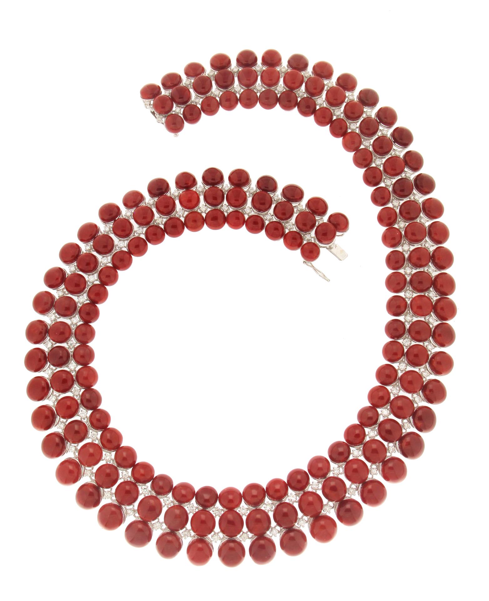 Handcraft Sardinian Coral 18 Karat White Gold Diamonds Choker Necklace In New Condition For Sale In Marcianise, IT