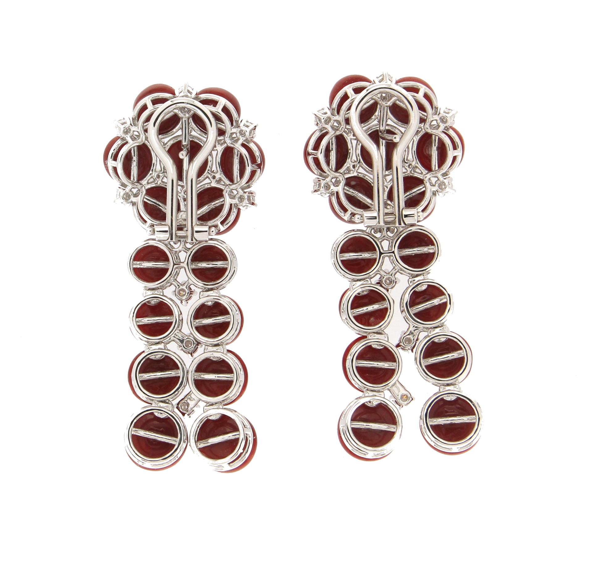 Handcraft Sardinian Coral 18 Karat White Gold Diamonds Clip-On Earrings In New Condition For Sale In Marcianise, IT