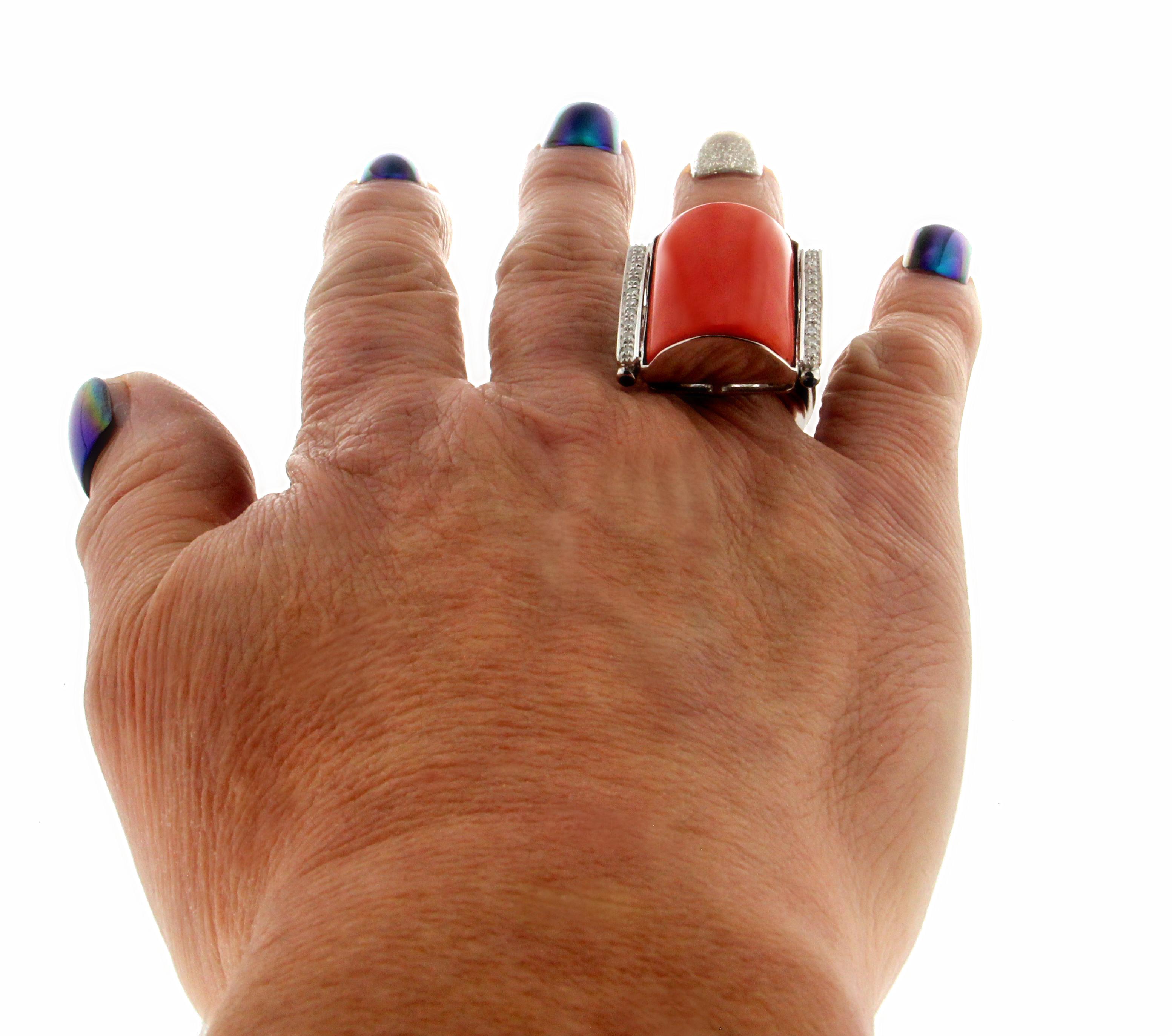Handcraft Sardinian Coral 18 Karat White Gold Diamonds Cocktail Ring For Sale 5