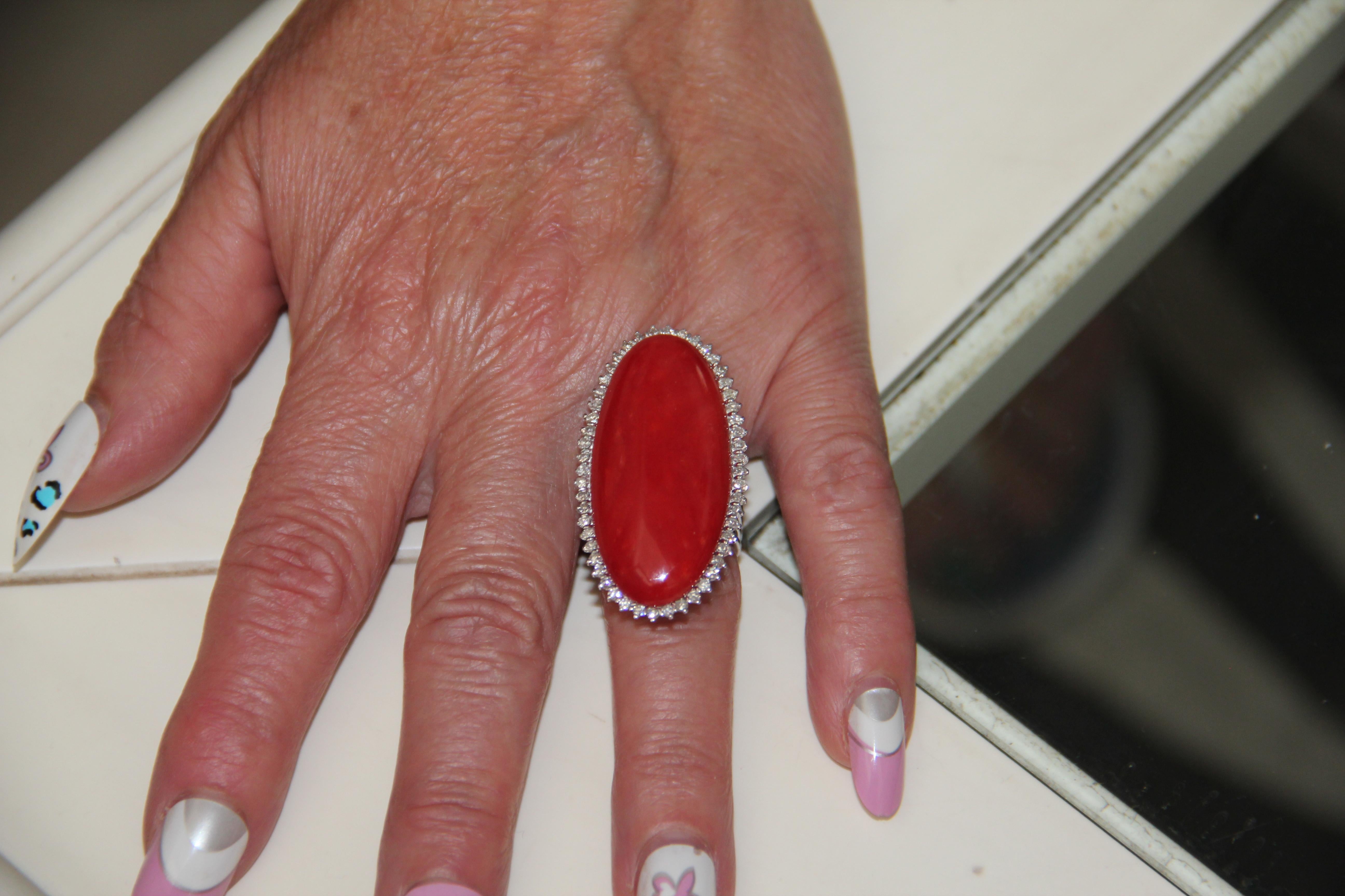 Handcraft Sardinian Coral 18 Karat White Gold Diamonds Cocktail Ring For Sale 5