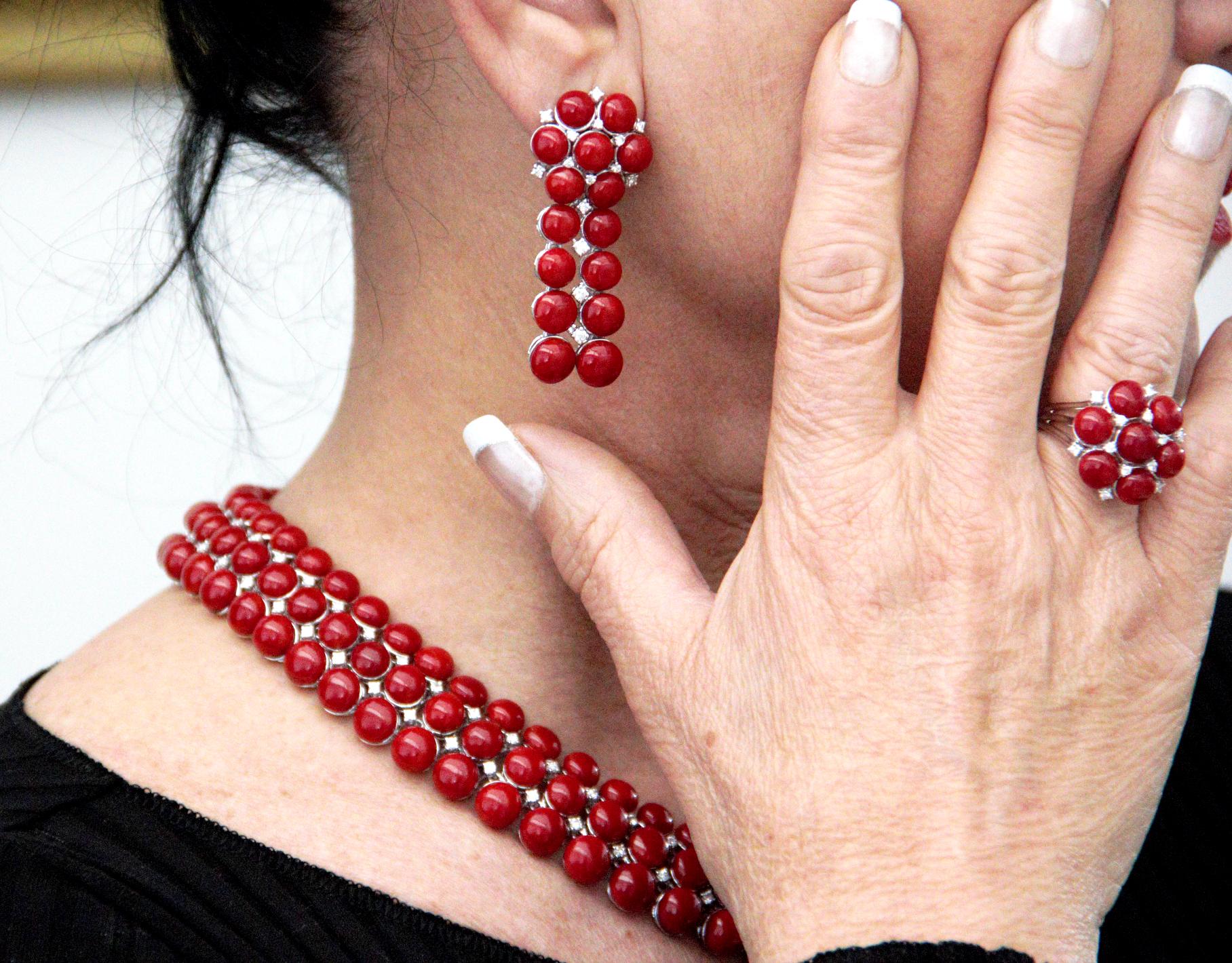 Handcraft Sardinian Coral 18 Karat White Gold Diamonds Cocktail Ring For Sale 7