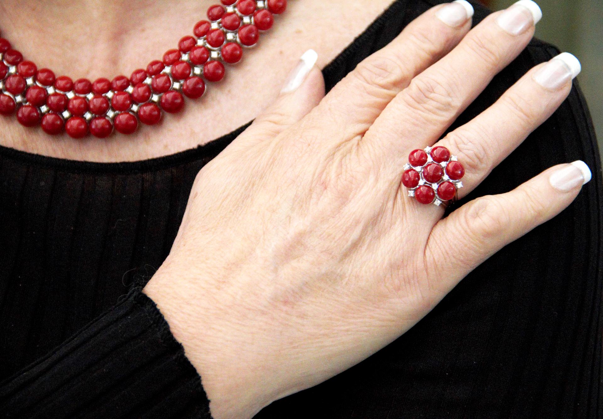 Handcraft Sardinian Coral 18 Karat White Gold Diamonds Cocktail Ring For Sale 8