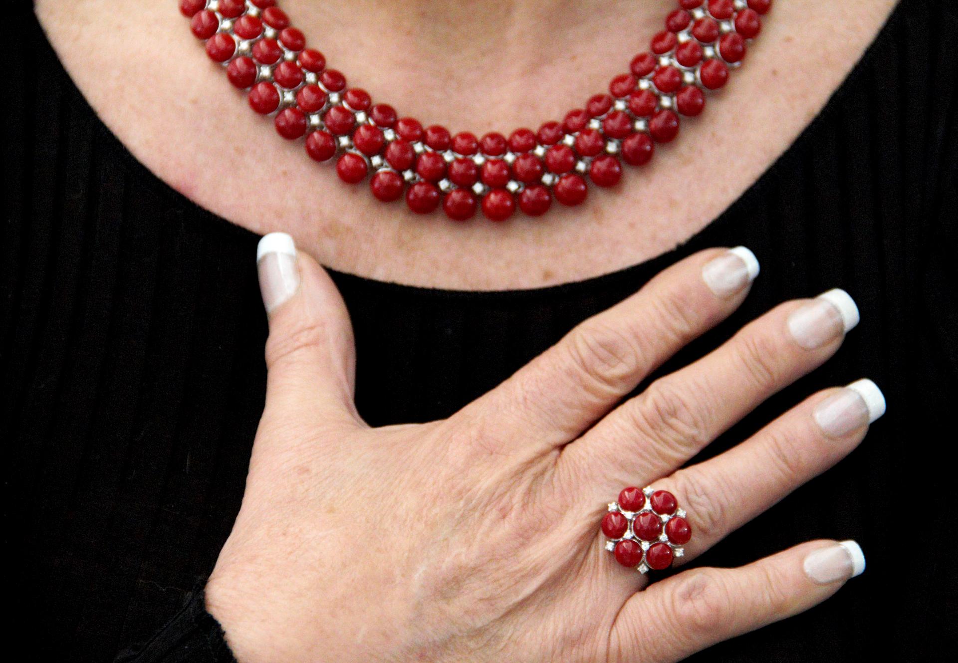 Handcraft Sardinian Coral 18 Karat White Gold Diamonds Cocktail Ring For Sale 9