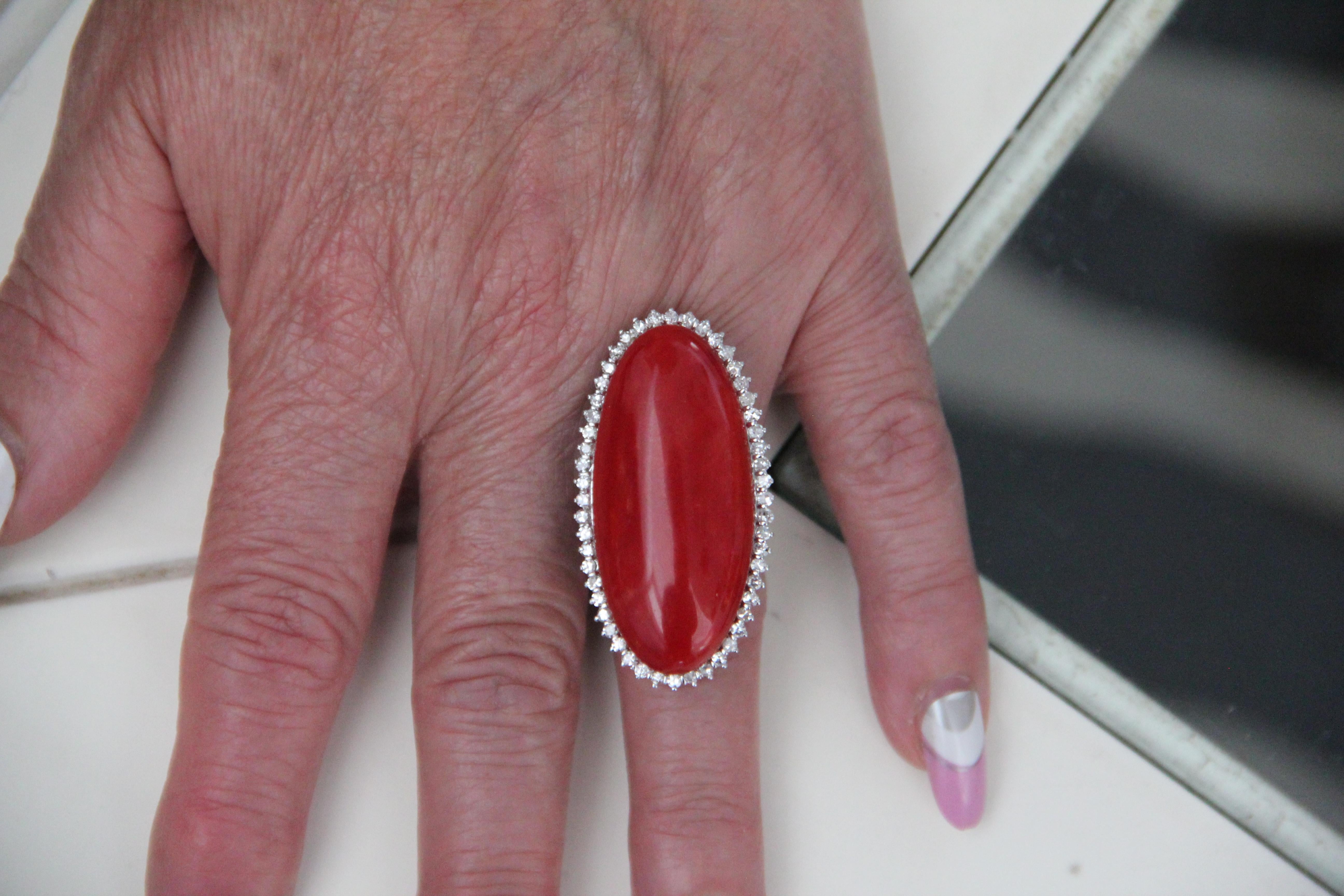 Handcraft Sardinian Coral 18 Karat White Gold Diamonds Cocktail Ring For Sale 9