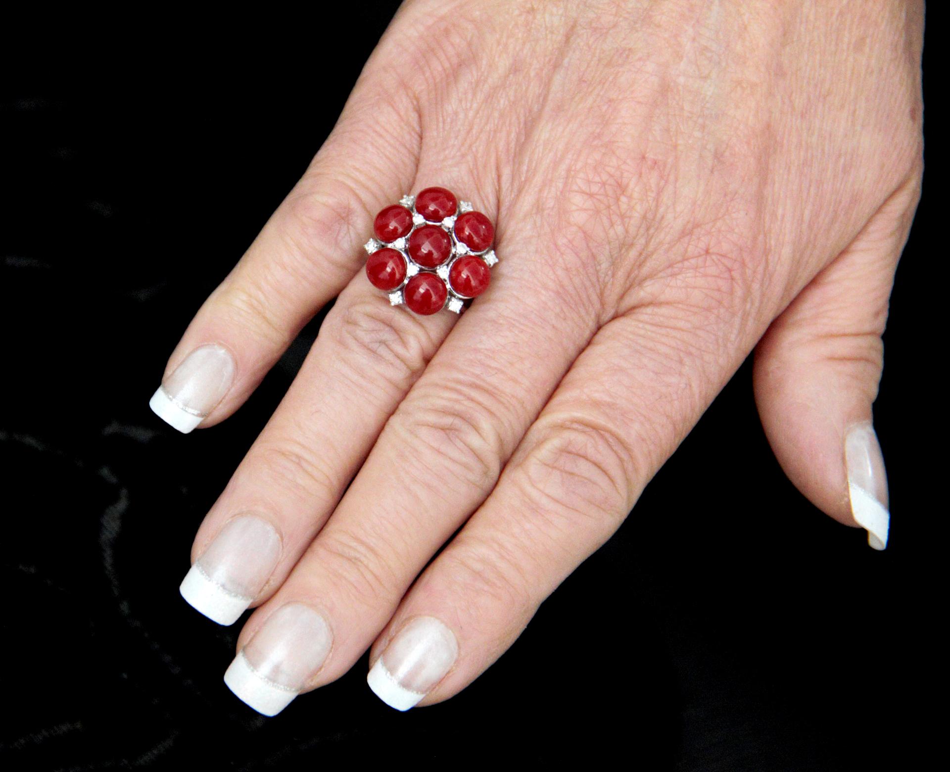 Handcraft Sardinian Coral 18 Karat White Gold Diamonds Cocktail Ring For Sale 10