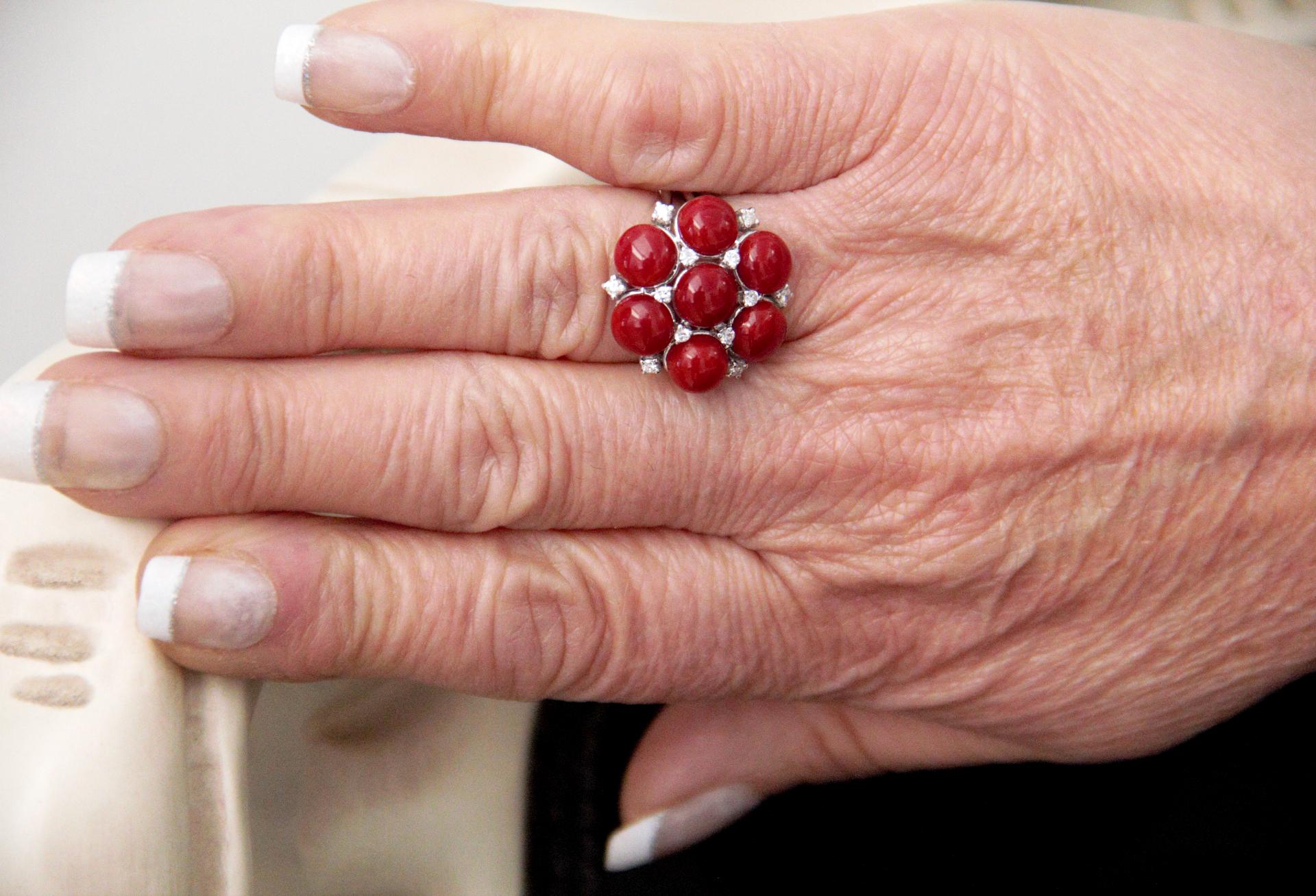 Handcraft Sardinian Coral 18 Karat White Gold Diamonds Cocktail Ring For Sale 11