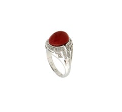 Bague de cocktail en or blanc 18 carats diamants et corail de Sardaigne Handcraft