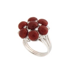 Handcraft Sardinian Coral 18 Karat White Gold Diamonds Cocktail Ring