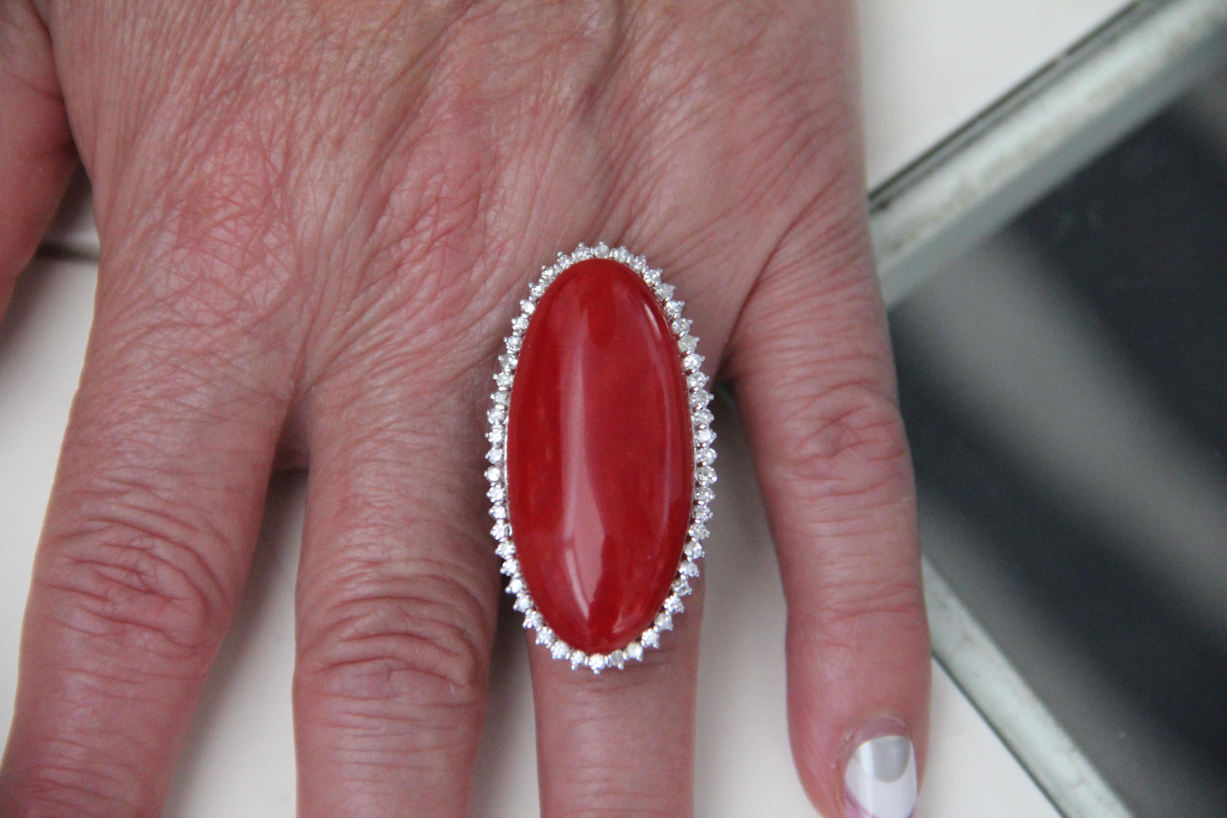 Handcraft Sardinian Coral 18 Karat White Gold Diamonds Cocktail Ring For Sale 13