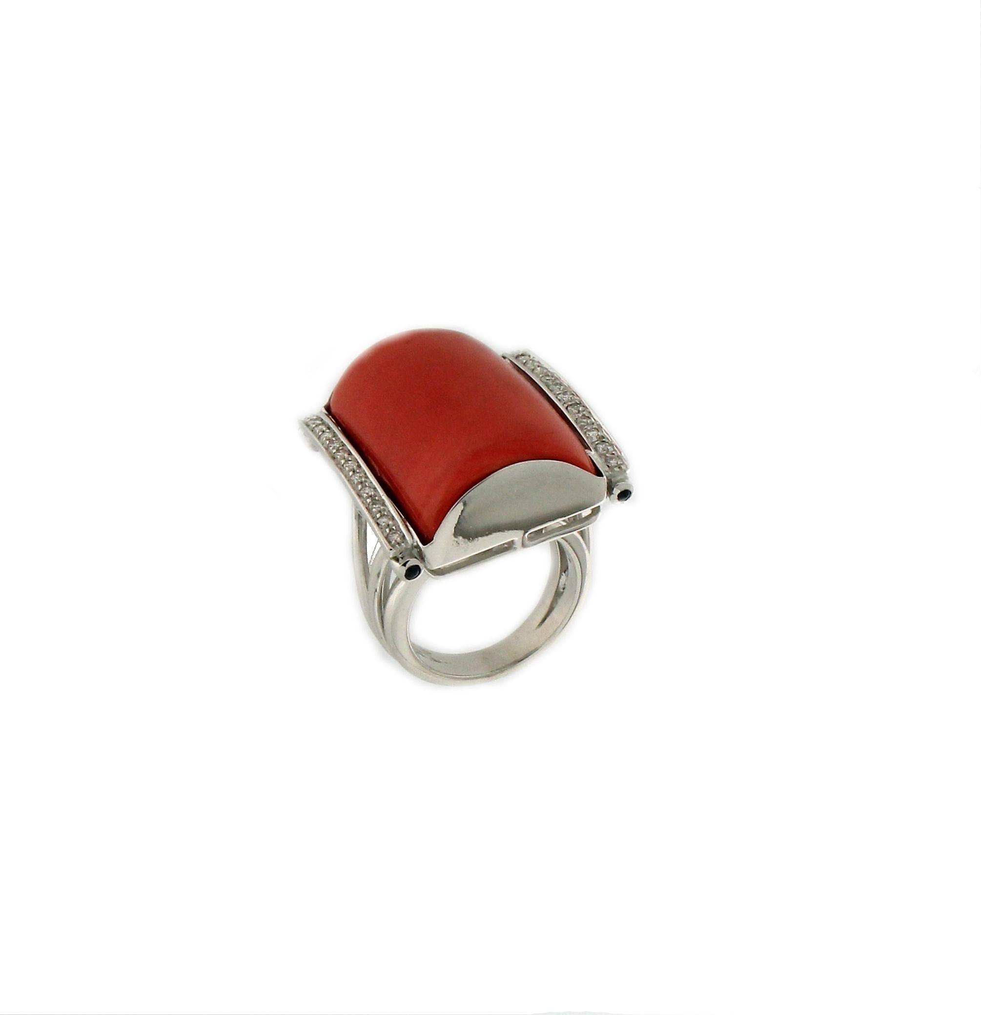 Artisan Handcraft Sardinian Coral 18 Karat White Gold Diamonds Cocktail Ring For Sale