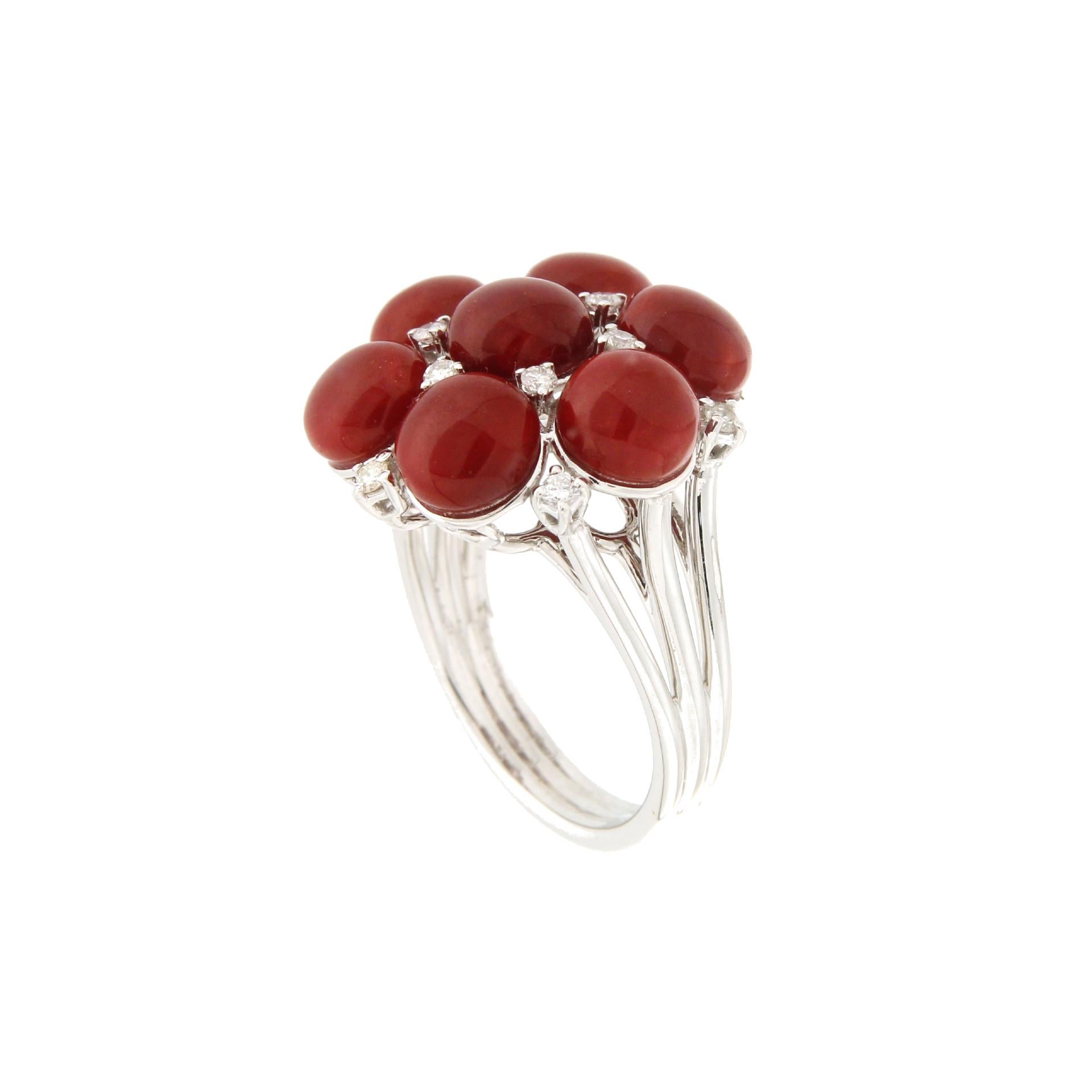 Artisan Handcraft Sardinian Coral 18 Karat White Gold Diamonds Cocktail Ring For Sale