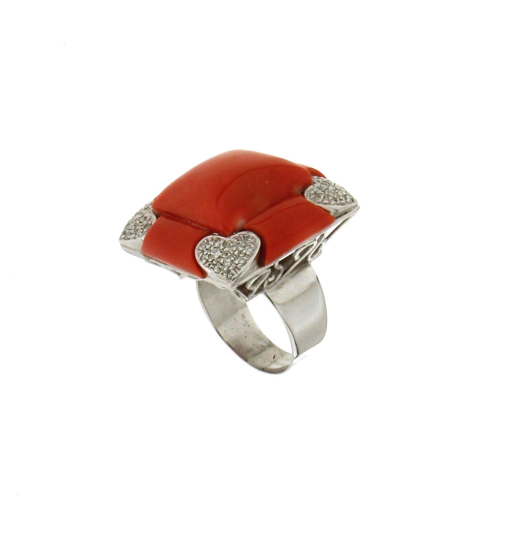Mixed Cut Handcraft Sardinian Coral 18 Karat White Gold Diamonds Cocktail Ring For Sale