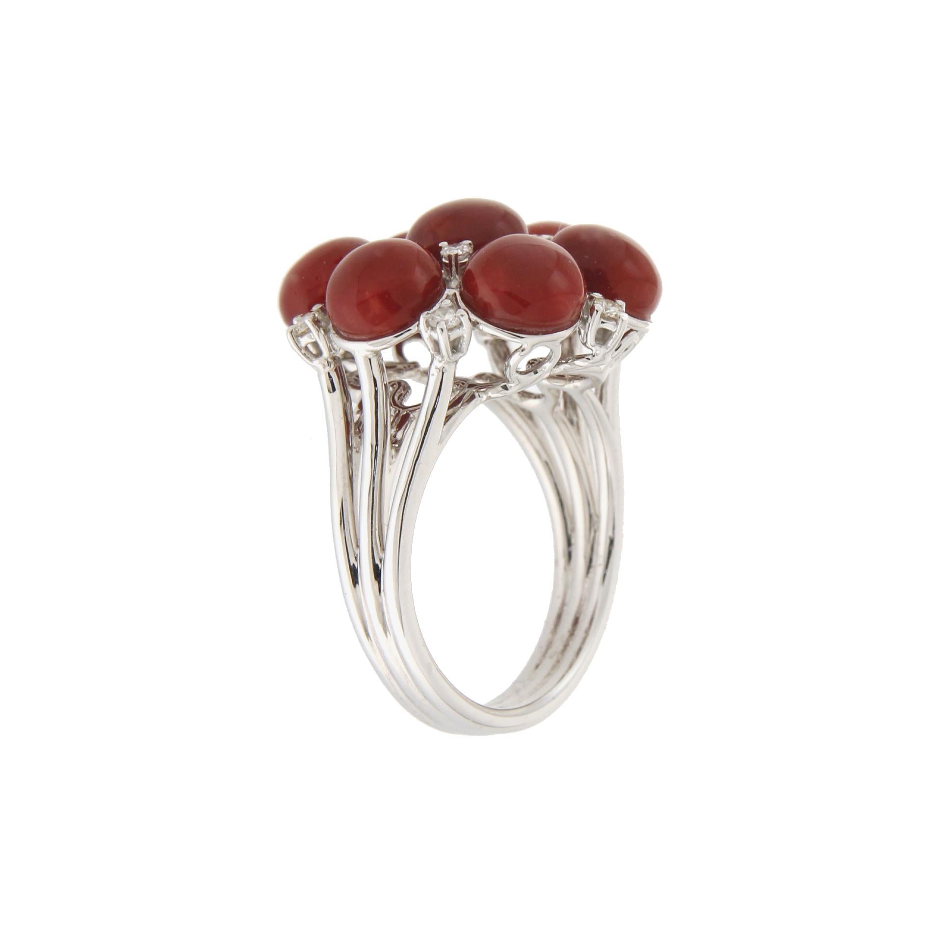 Brilliant Cut Handcraft Sardinian Coral 18 Karat White Gold Diamonds Cocktail Ring For Sale