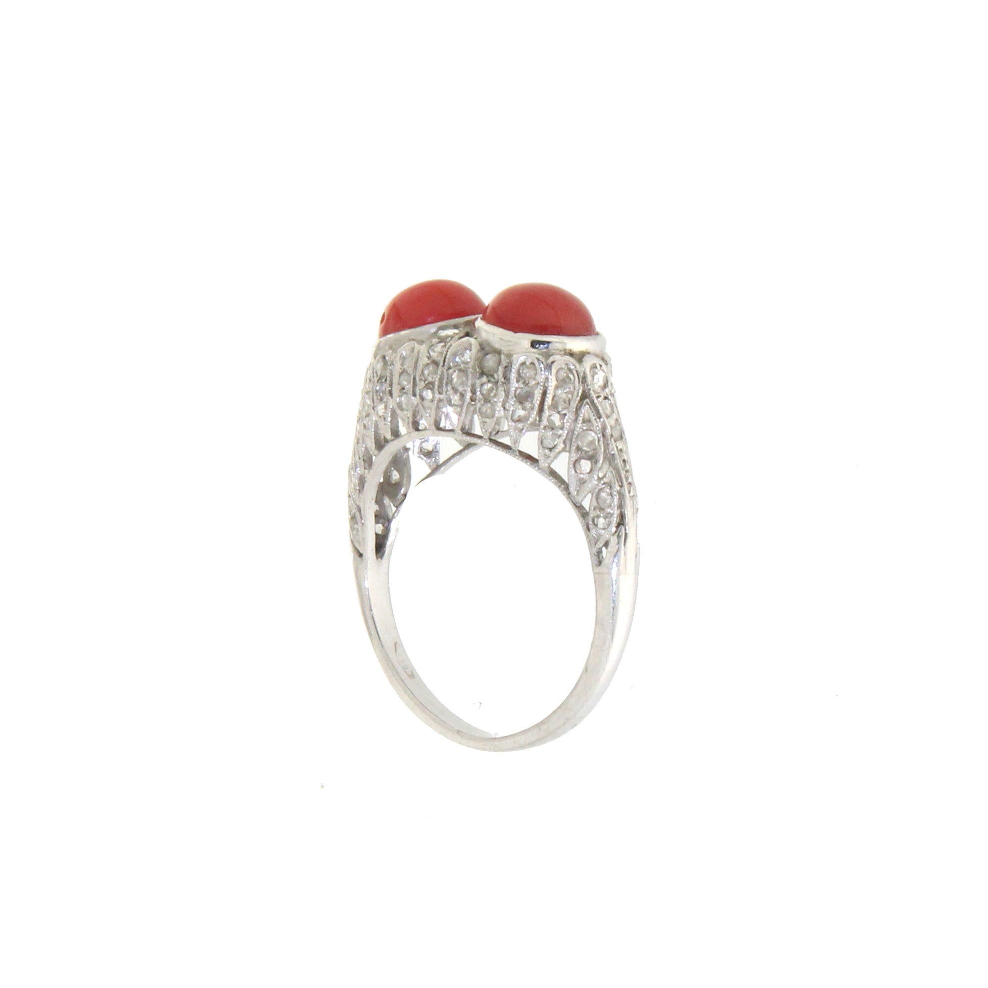 Handcraft Sardinian Coral 18 Karat White Gold Diamonds Cocktail Ring In New Condition For Sale In Marcianise, IT