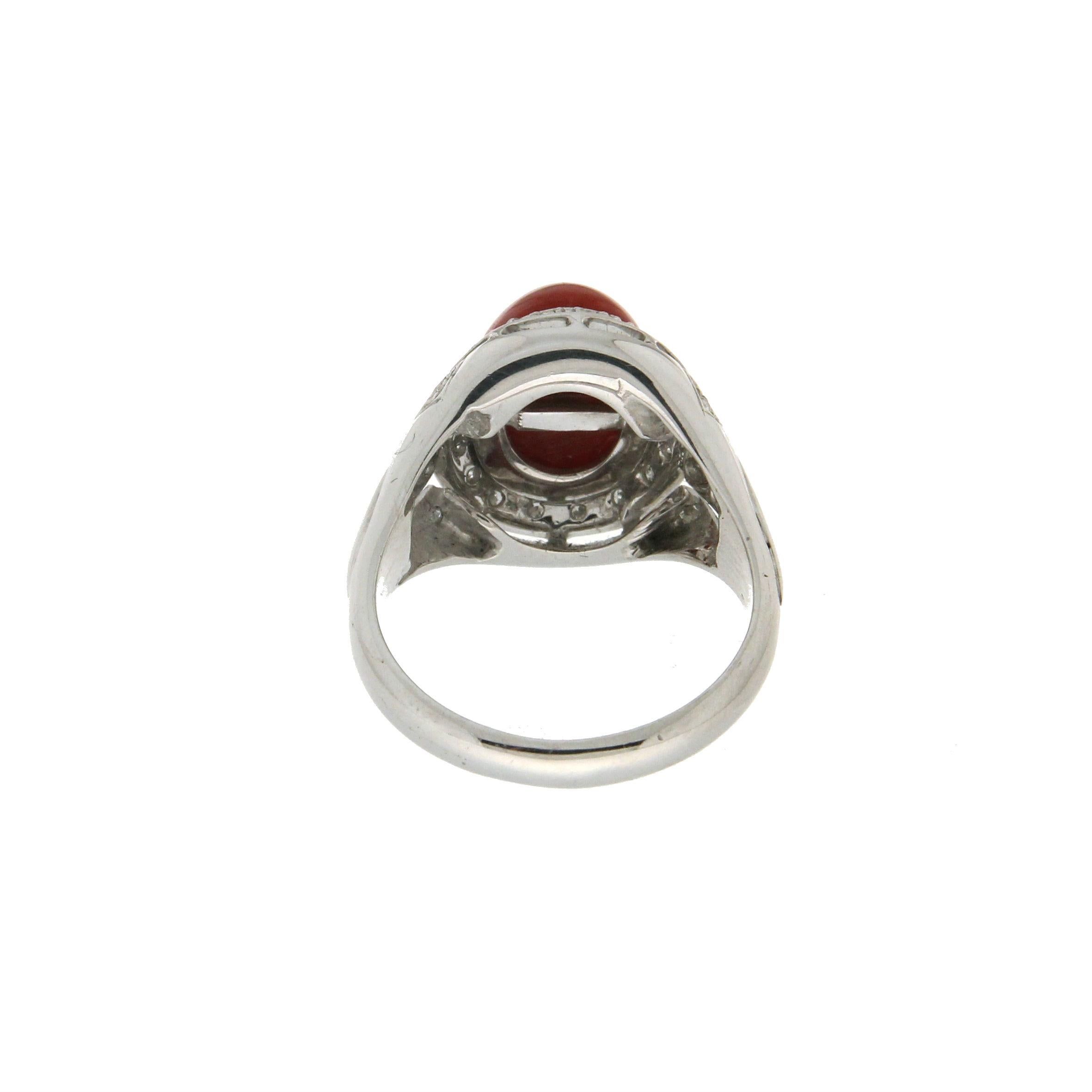 Handcraft Sardinian Coral 18 Karat White Gold Diamonds Cocktail Ring In New Condition For Sale In Marcianise, IT
