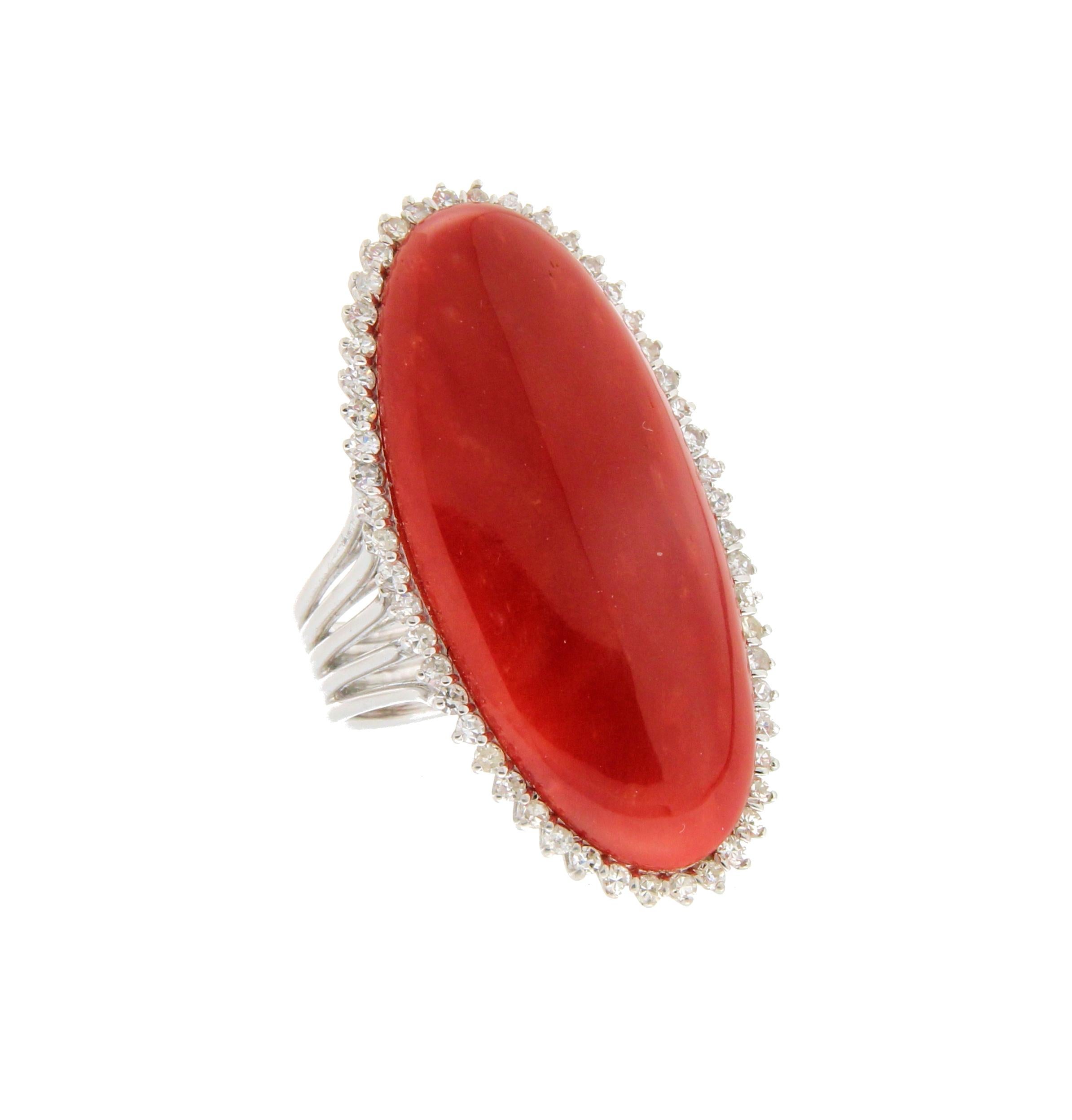 Handcraft Sardinian Coral 18 Karat White Gold Diamonds Cocktail Ring In New Condition For Sale In Marcianise, IT