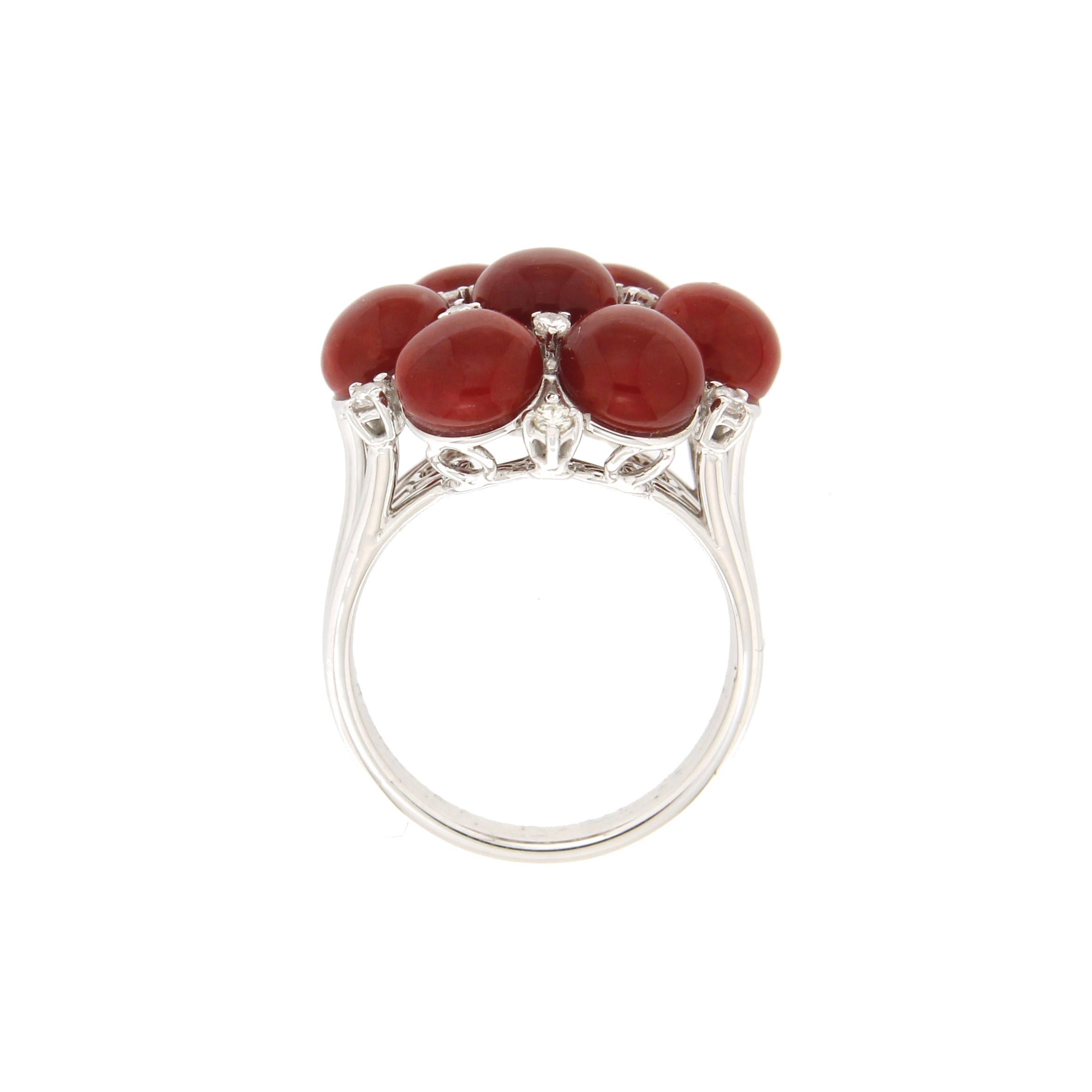 Women's Handcraft Sardinian Coral 18 Karat White Gold Diamonds Cocktail Ring For Sale
