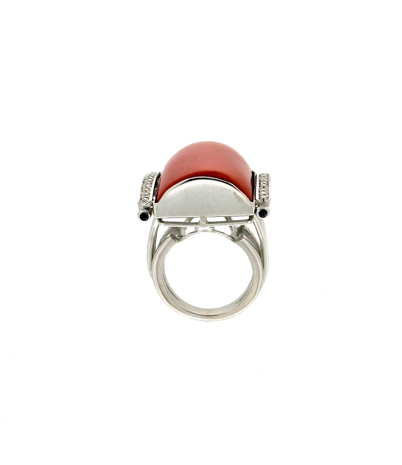 Handcraft Sardinian Coral 18 Karat White Gold Diamonds Cocktail Ring For Sale 1