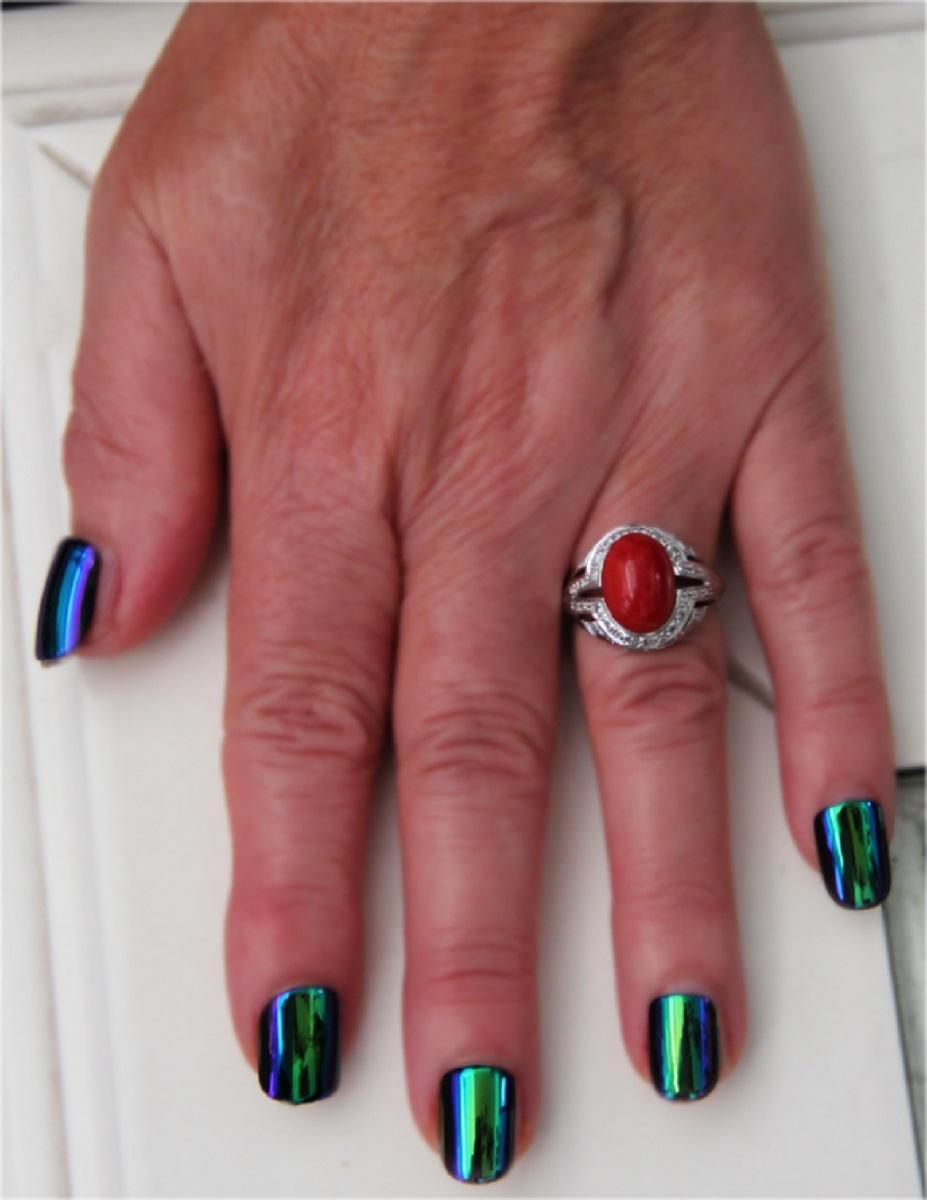 Handcraft Sardinian Coral 18 Karat White Gold Diamonds Cocktail Ring For Sale 1