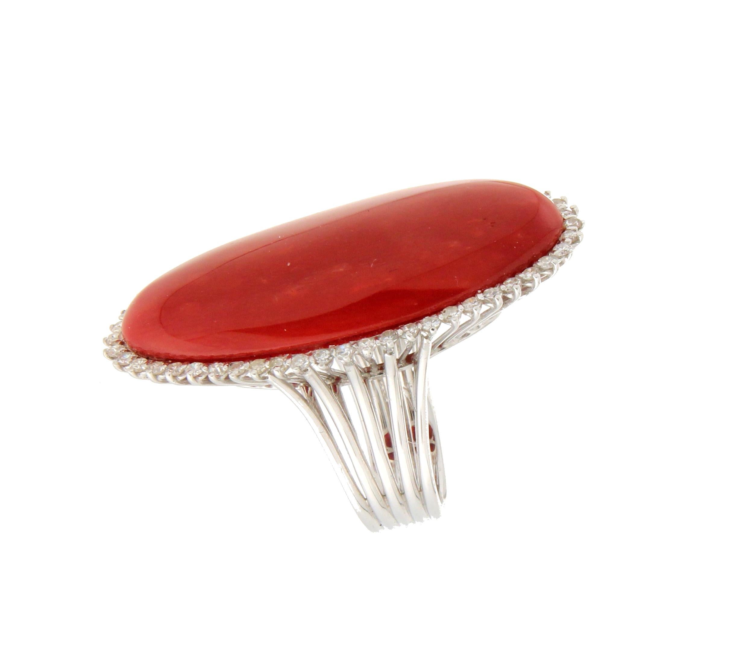 Handcraft Sardinian Coral 18 Karat White Gold Diamonds Cocktail Ring For Sale 2