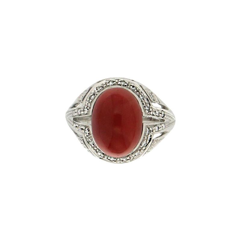 Handcraft Sardinian Coral 18 Karat White Gold Diamonds Cocktail Ring