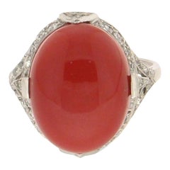 Handcraft Sardinian Coral 18 Karat White Gold Diamonds Cocktail Ring