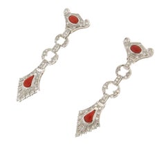 Handcraft Sardinian Coral 18 Karat White Gold Diamonds Drop Earrings