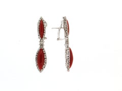 Handcraft Sardinian Coral 18 Karat White Gold Diamonds Drop Earrings