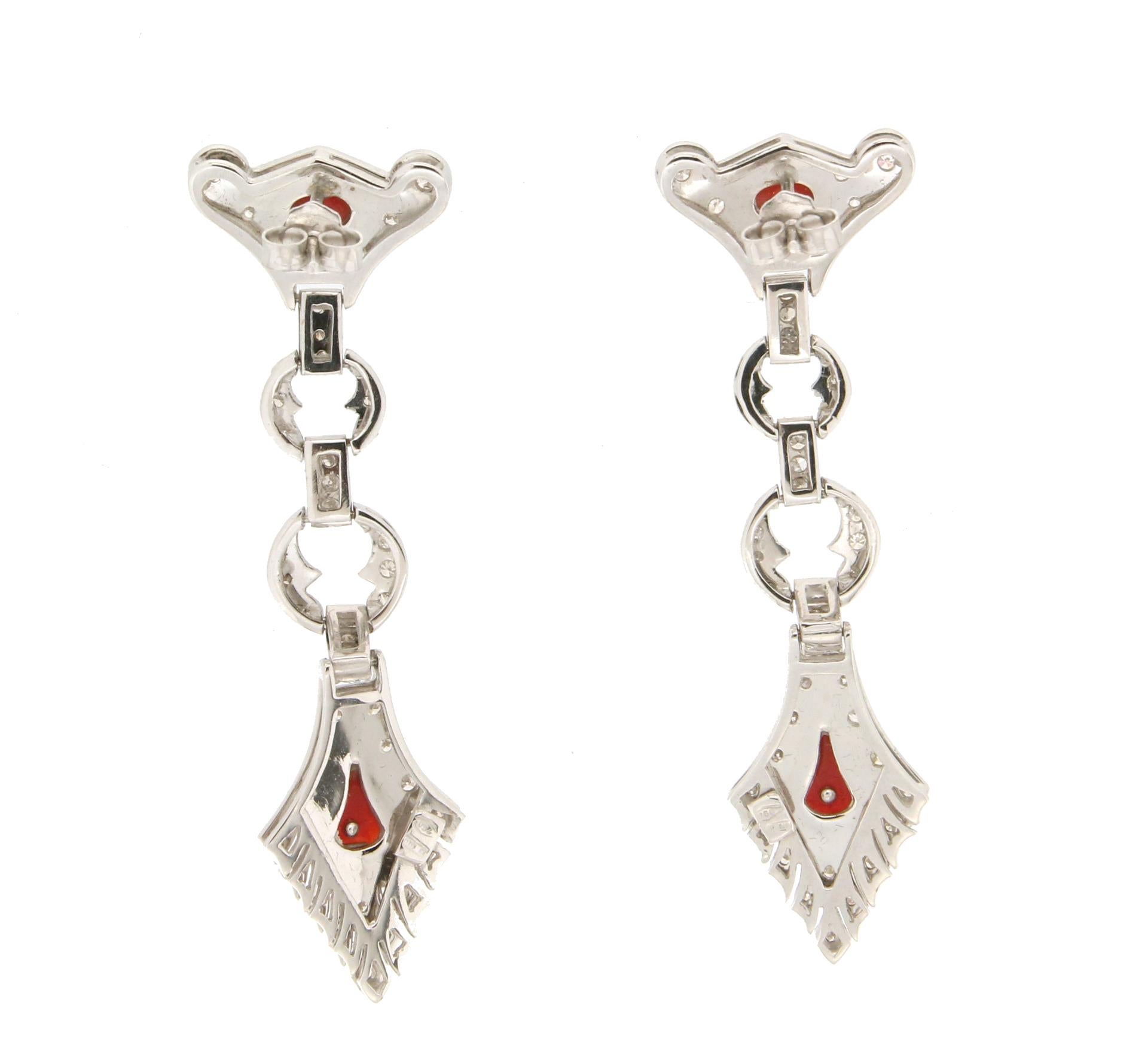 Handcraft Sardinian Coral 18 Karat White Gold Diamonds Drop Earrings In New Condition For Sale In Marcianise, IT