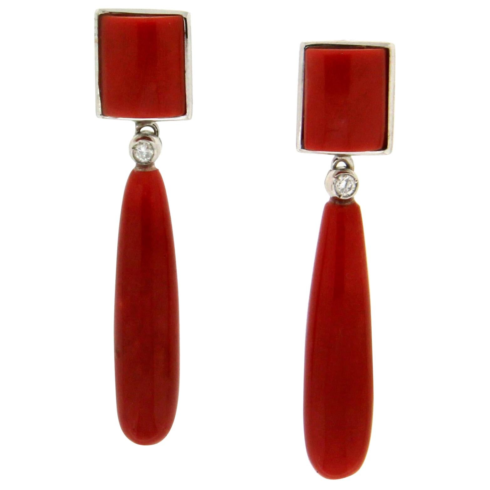 Handcraft Sardinian Coral 18 Karat White Gold Diamonds Drop Earrings