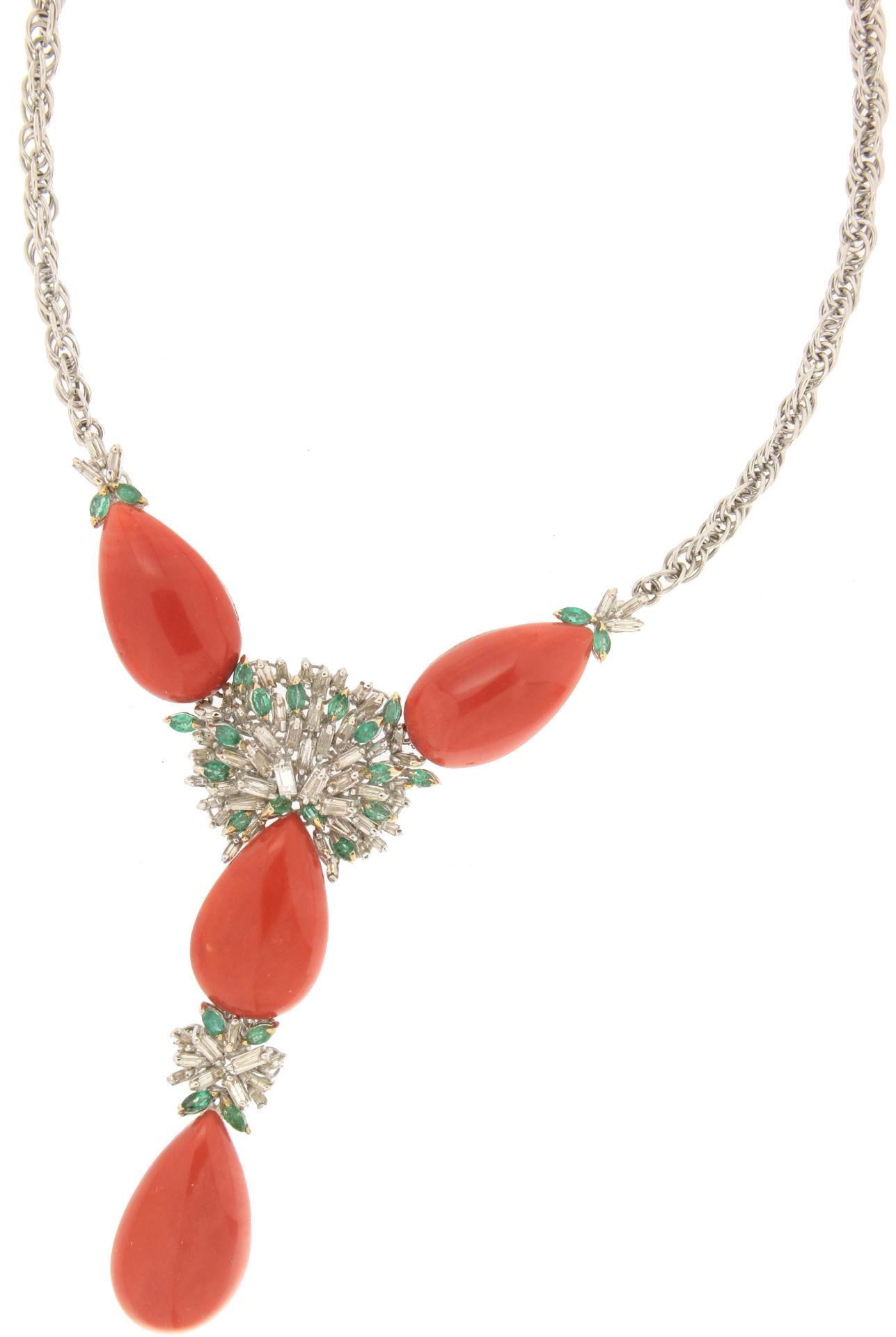 Brilliant Cut Handcraft Sardinian Coral 18 Karat White Gold Diamonds Emeralds Drop Necklace For Sale