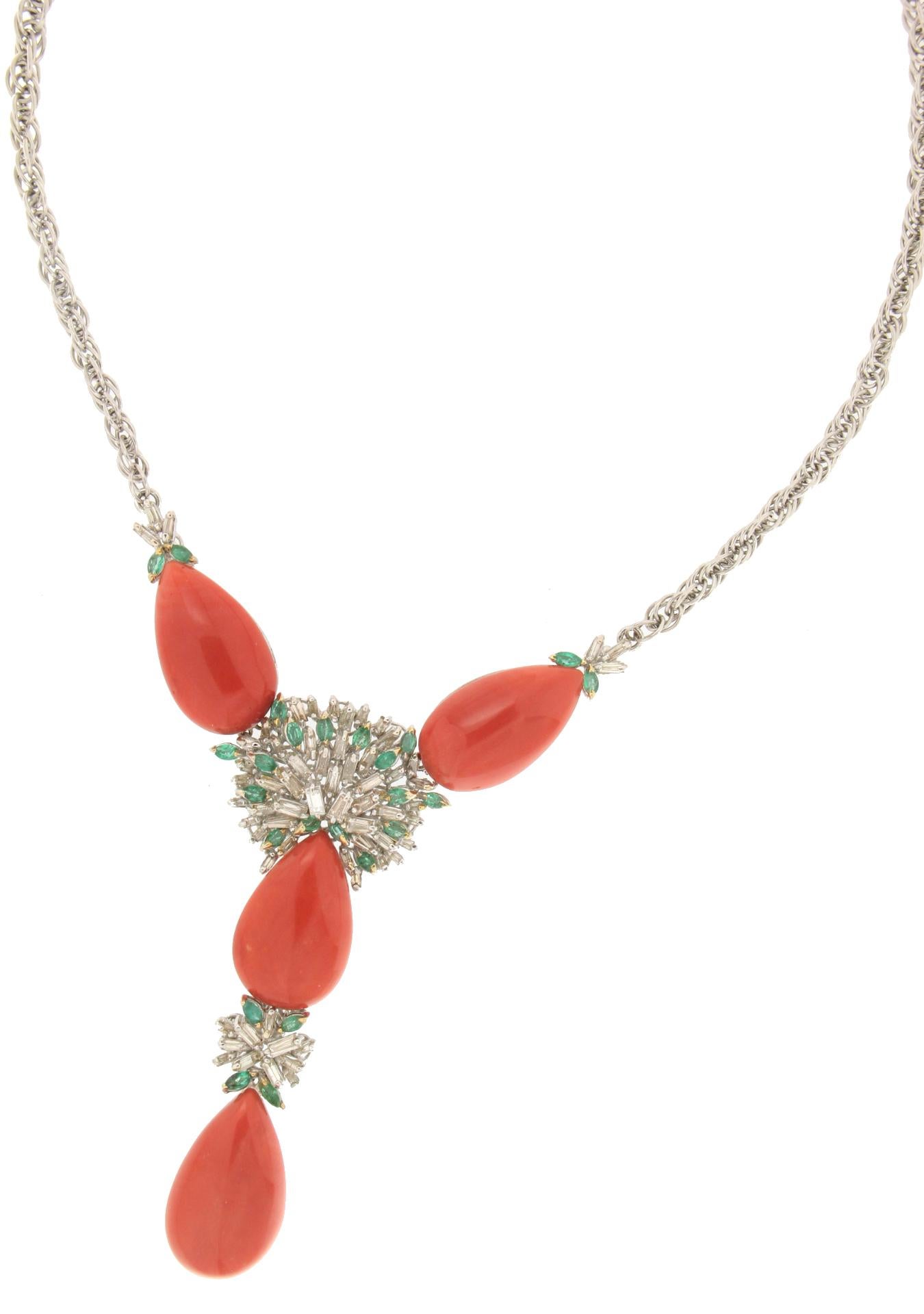 Handcraft Sardinian Coral 18 Karat White Gold Diamonds Emeralds Drop Necklace In New Condition For Sale In Marcianise, IT