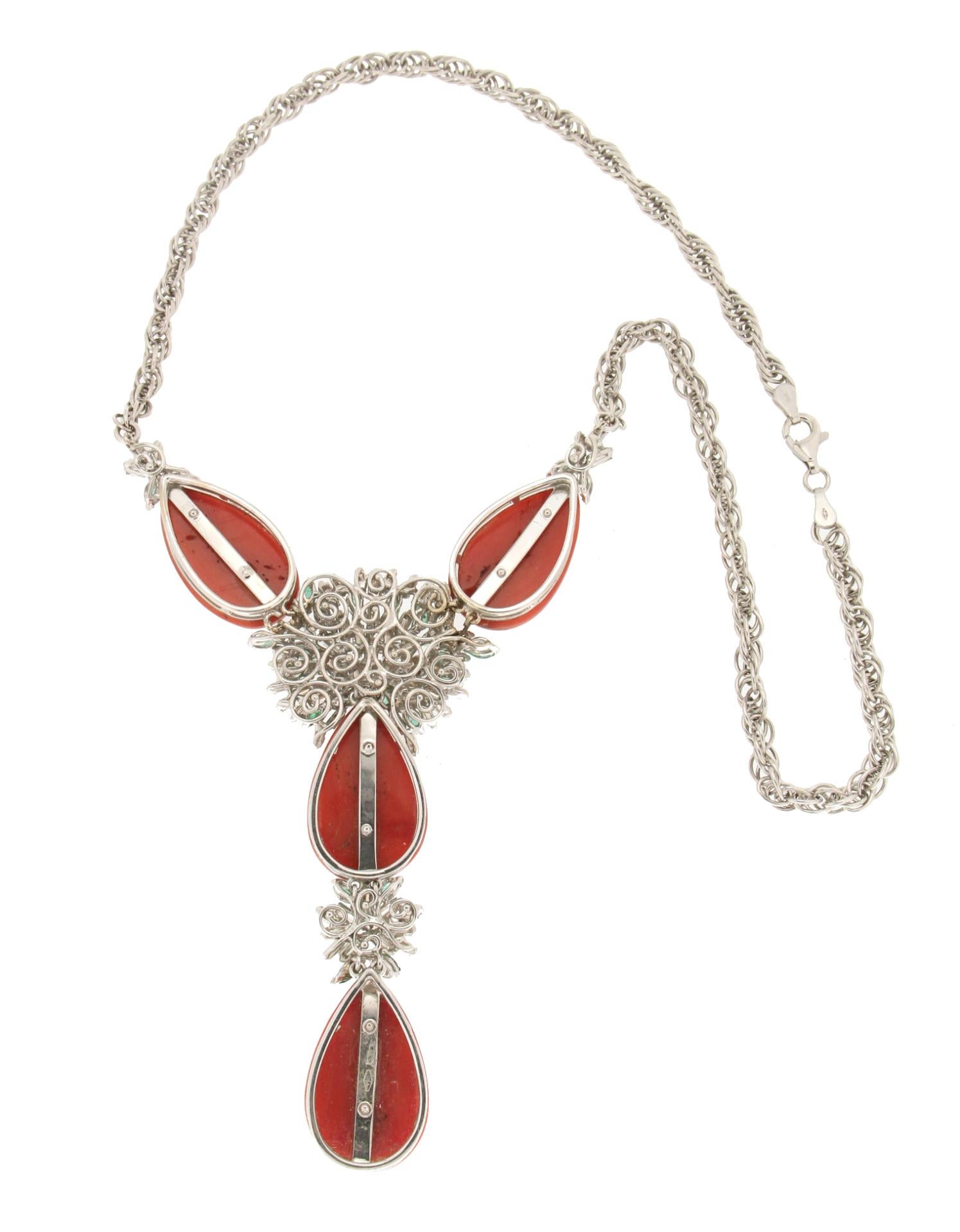 Women's or Men's Handcraft Sardinian Coral 18 Karat White Gold Diamonds Emeralds Drop Necklace For Sale