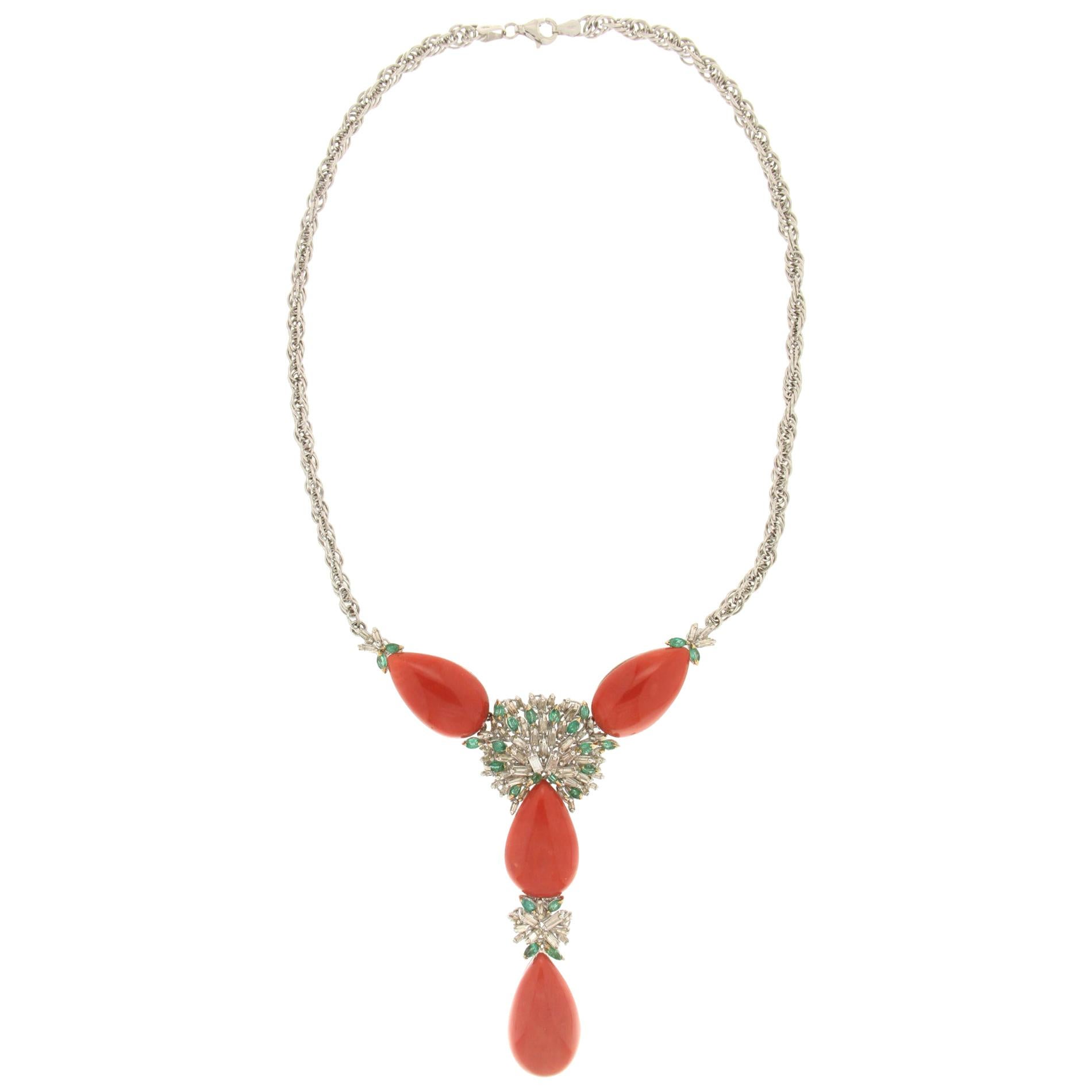 Handcraft Sardinian Coral 18 Karat White Gold Diamonds Emeralds Drop Necklace For Sale