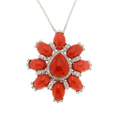 Handcraft Sardinian Coral 18 Karat White Gold Diamonds Pendant Necklace