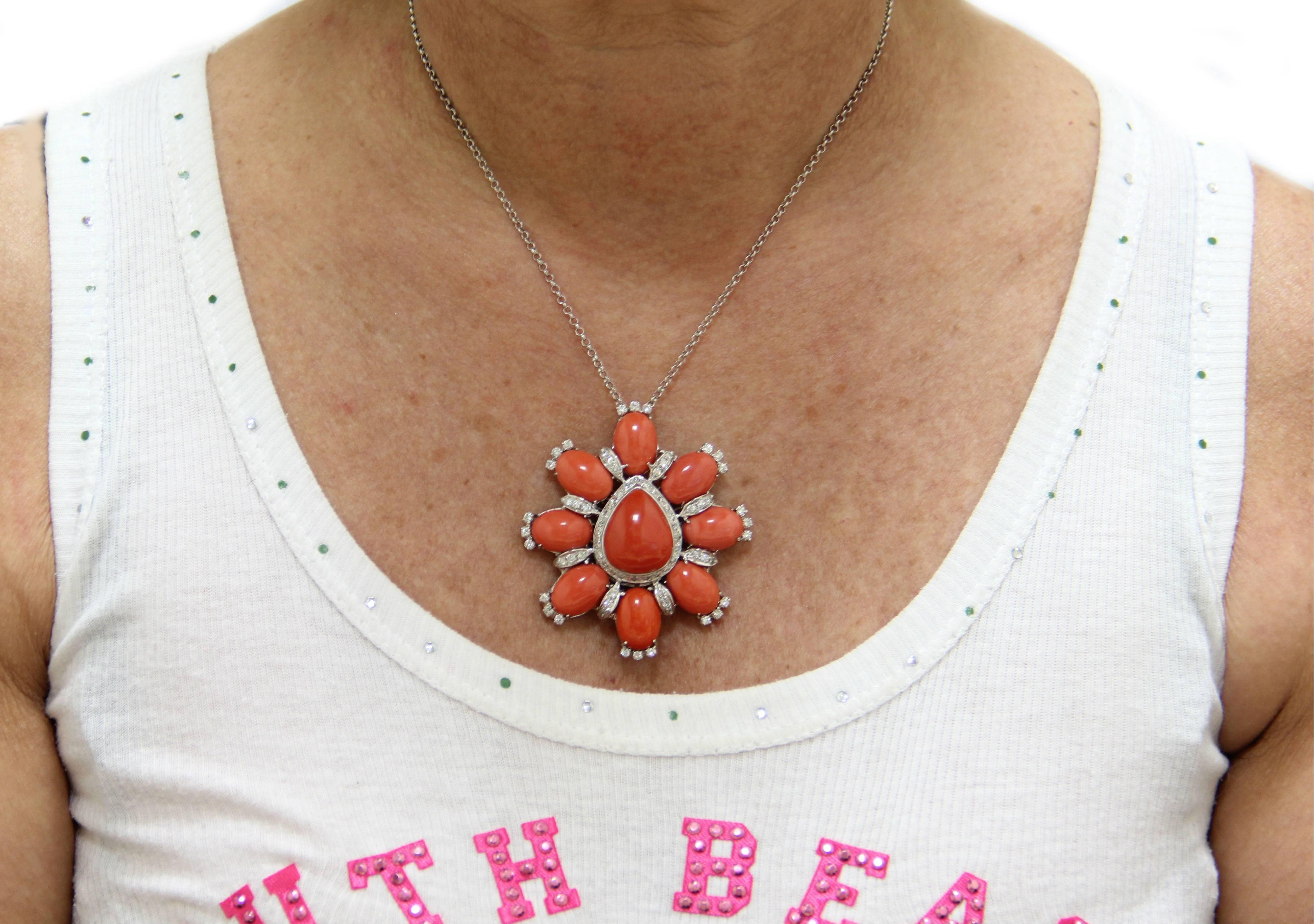 Handcraft Sardinian Coral 18 Karat White Gold Diamonds Pendant Necklace In New Condition For Sale In Marcianise, IT