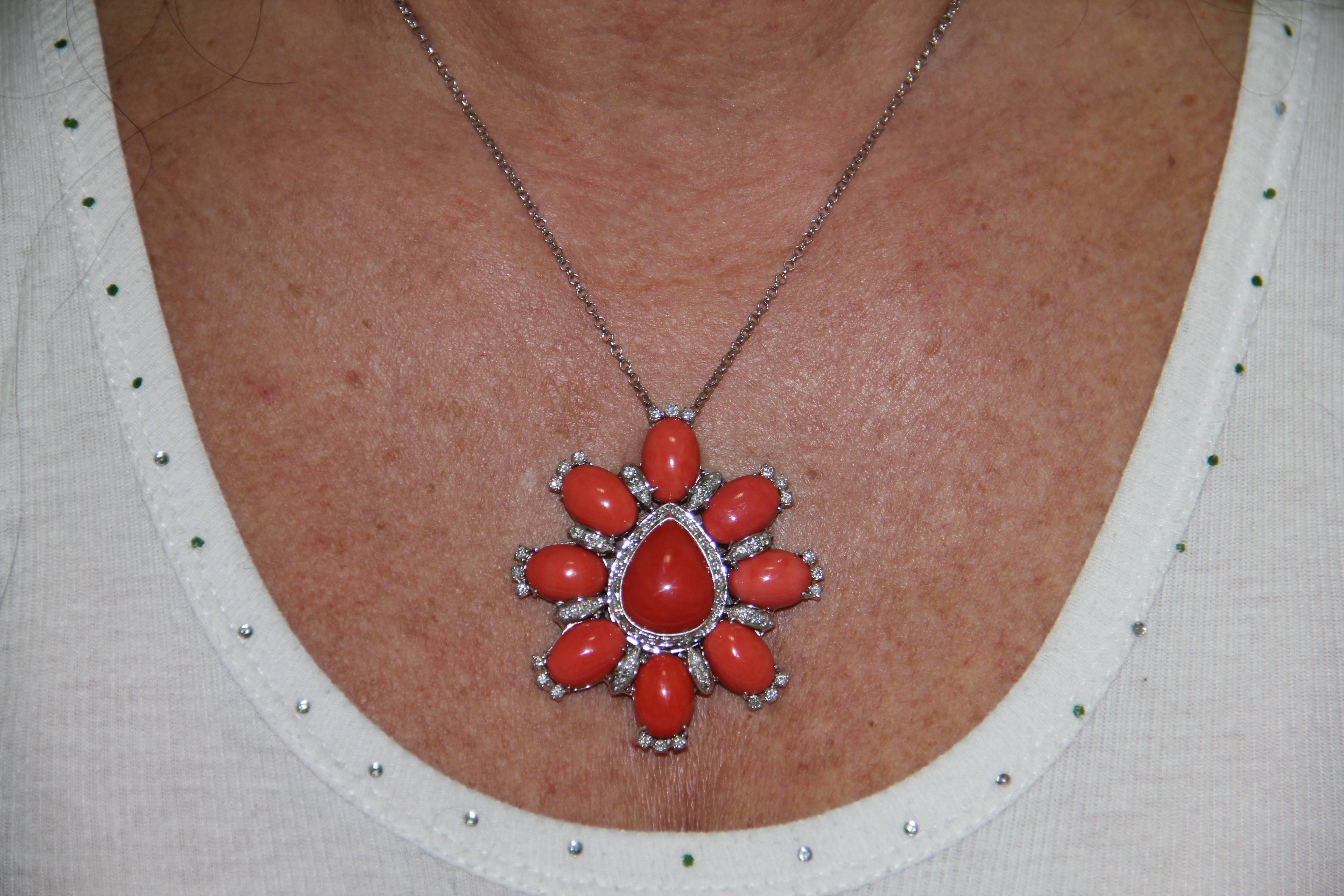 Women's or Men's Handcraft Sardinian Coral 18 Karat White Gold Diamonds Pendant Necklace For Sale