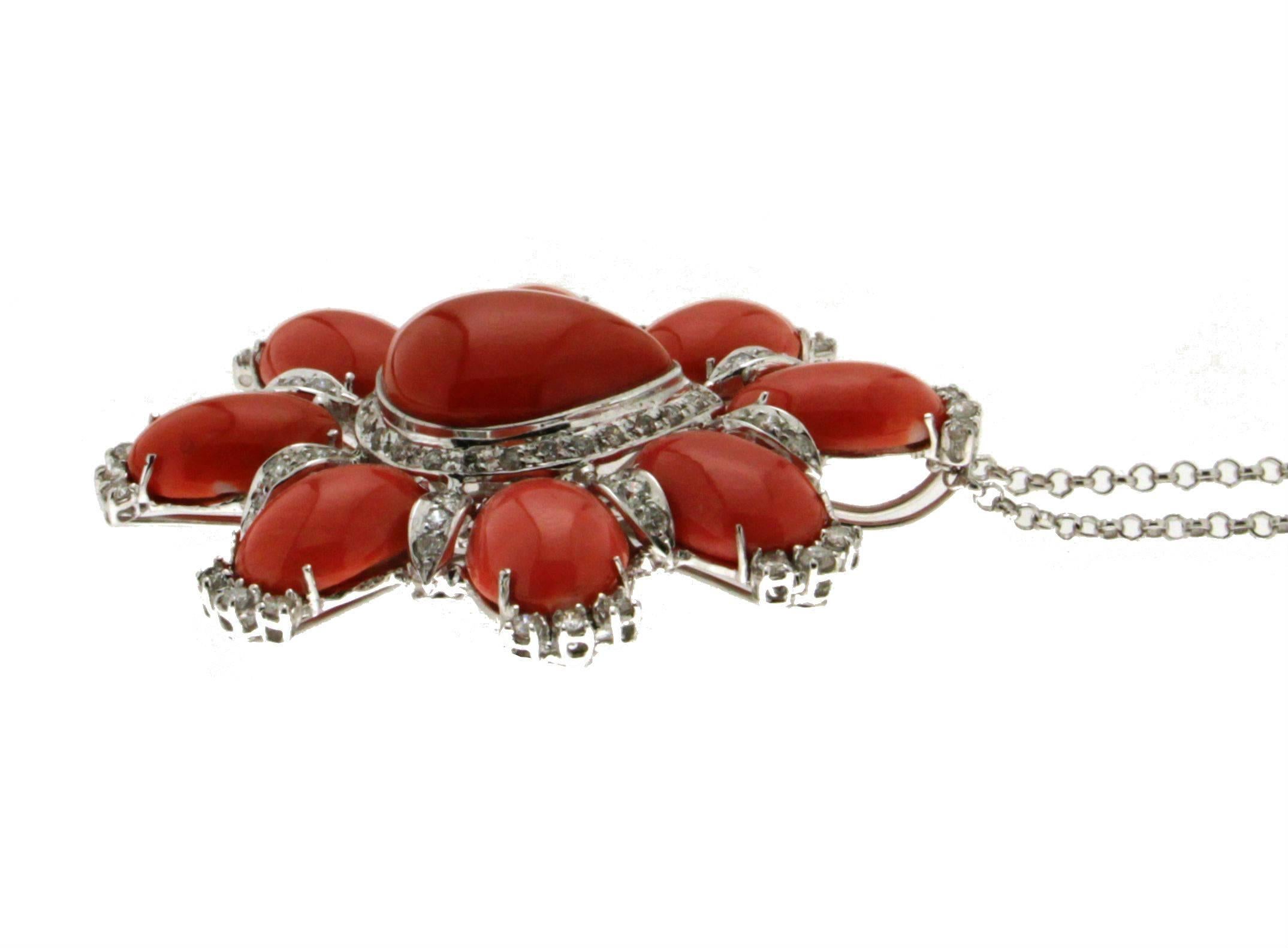 Handcraft Sardinian Coral 18 Karat White Gold Diamonds Pendant Necklace For Sale 2