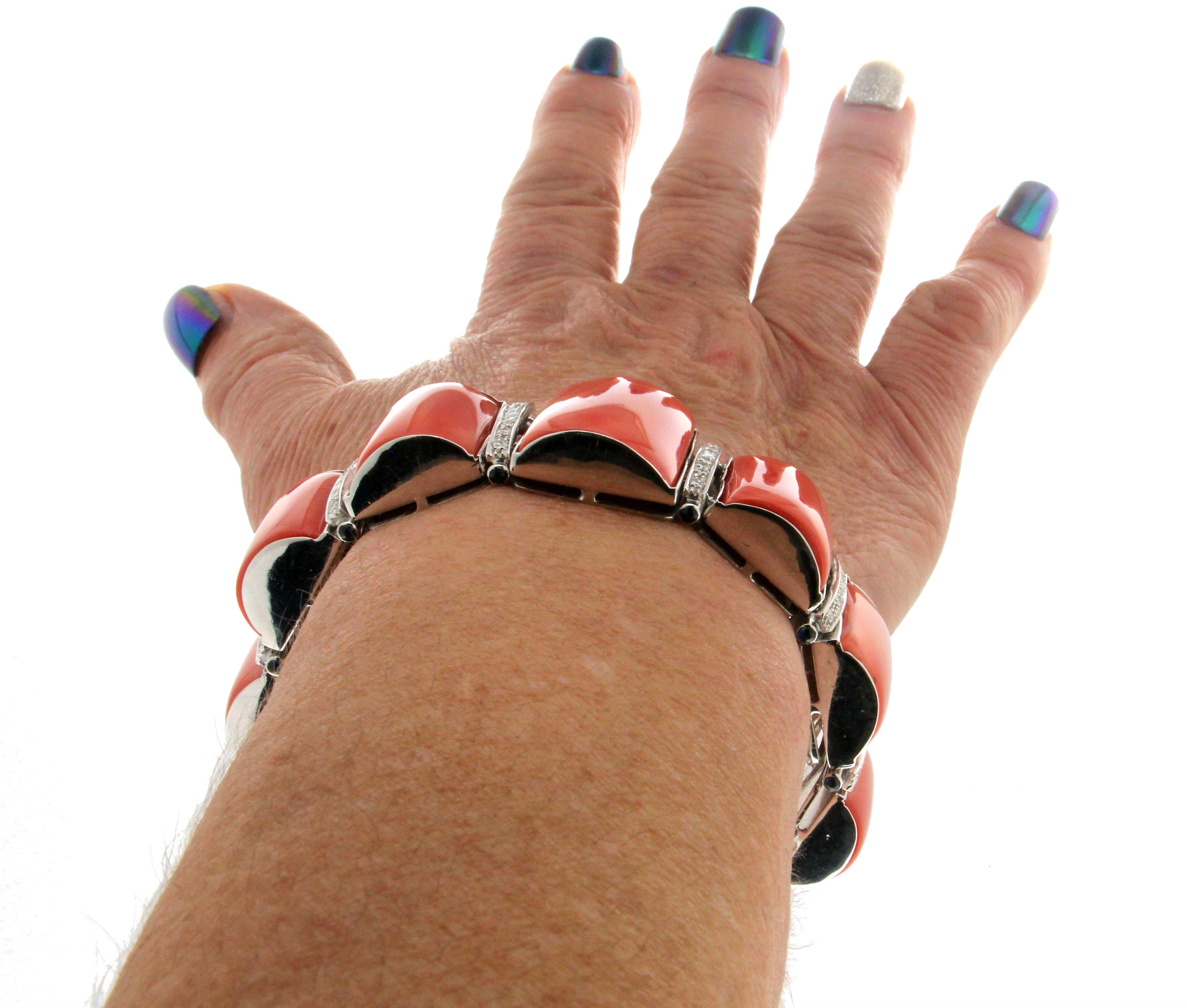 Handcraft Sardinian Coral 18 Karat White Gold Diamonds Sapphires Cuff Bracelet For Sale 4