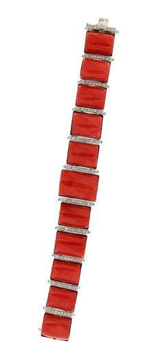 Handcraft Sardinian Coral 18 Karat White Gold Diamonds Sapphires Cuff Bracelet