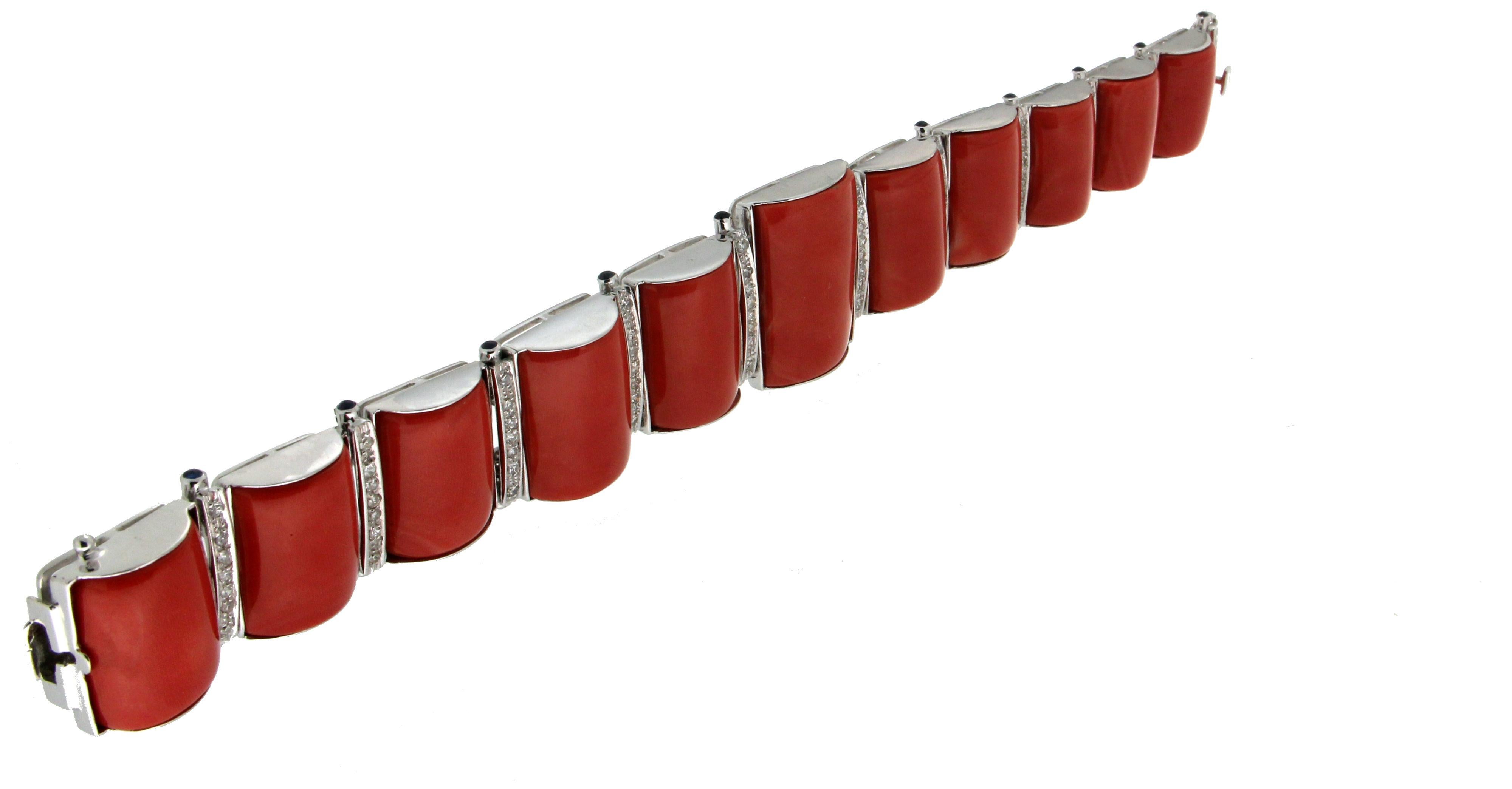 Artisan Handcraft Sardinian Coral 18 Karat White Gold Diamonds Sapphires Cuff Bracelet For Sale