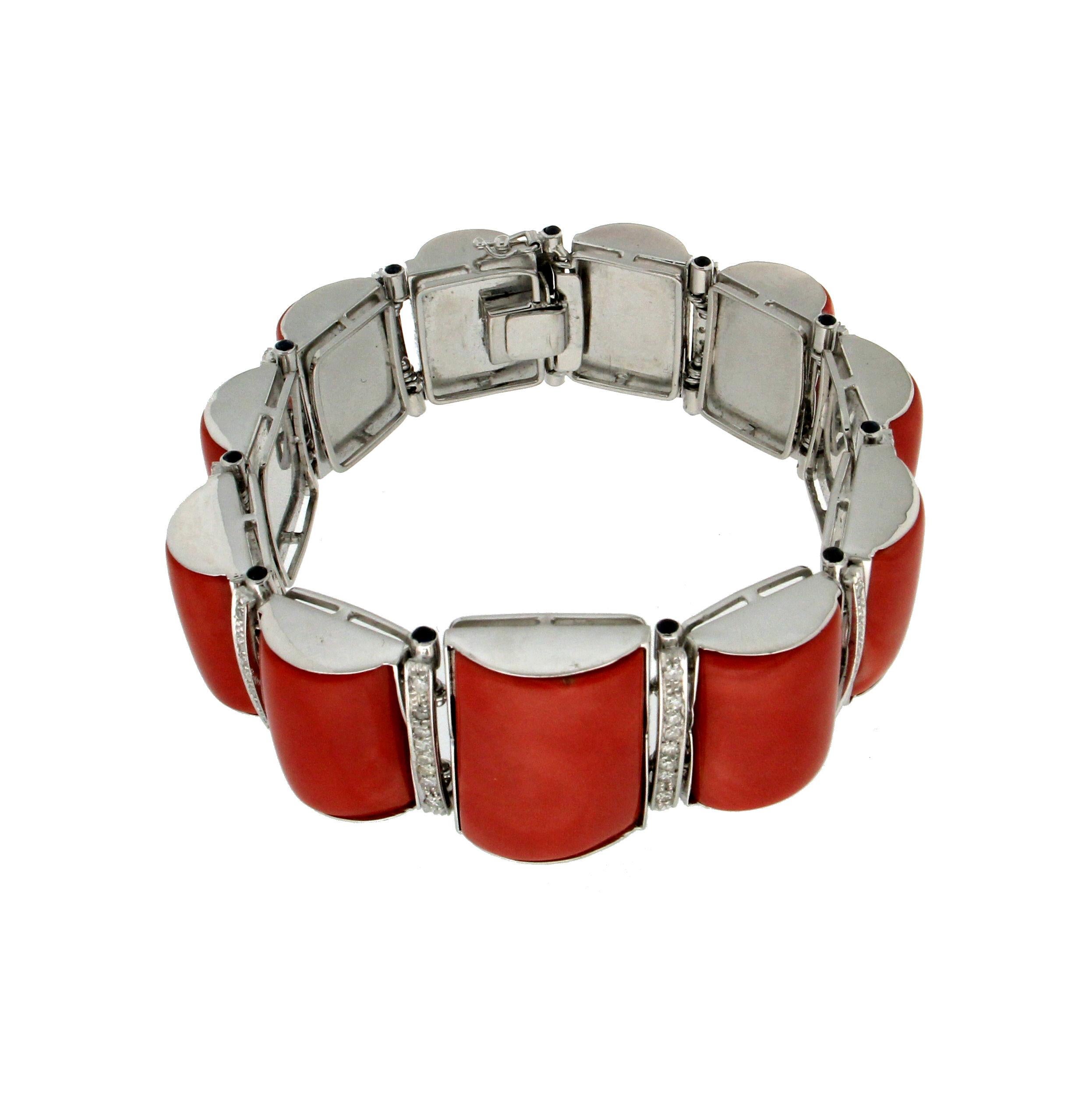 Brilliant Cut Handcraft Sardinian Coral 18 Karat White Gold Diamonds Sapphires Cuff Bracelet For Sale