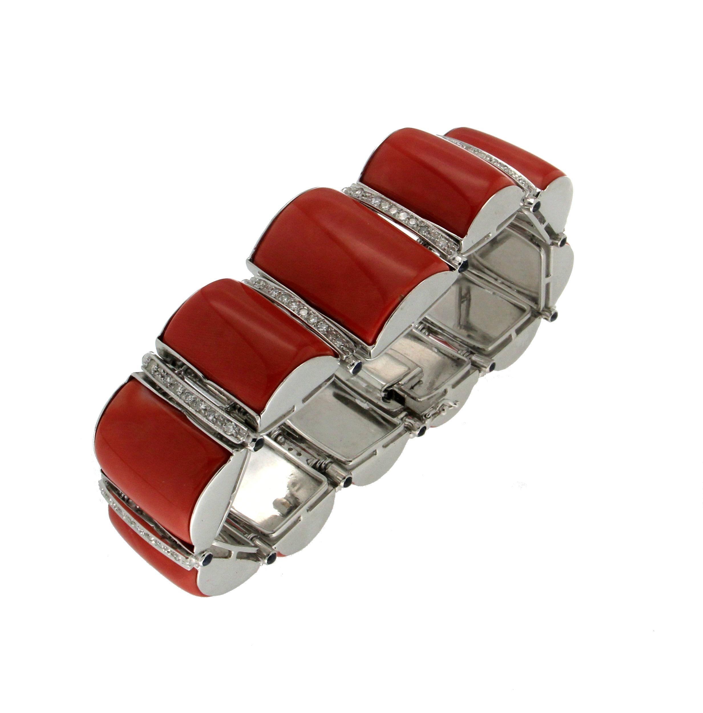 Handcraft Sardinian Coral 18 Karat White Gold Diamonds Sapphires Cuff Bracelet In New Condition For Sale In Marcianise, IT