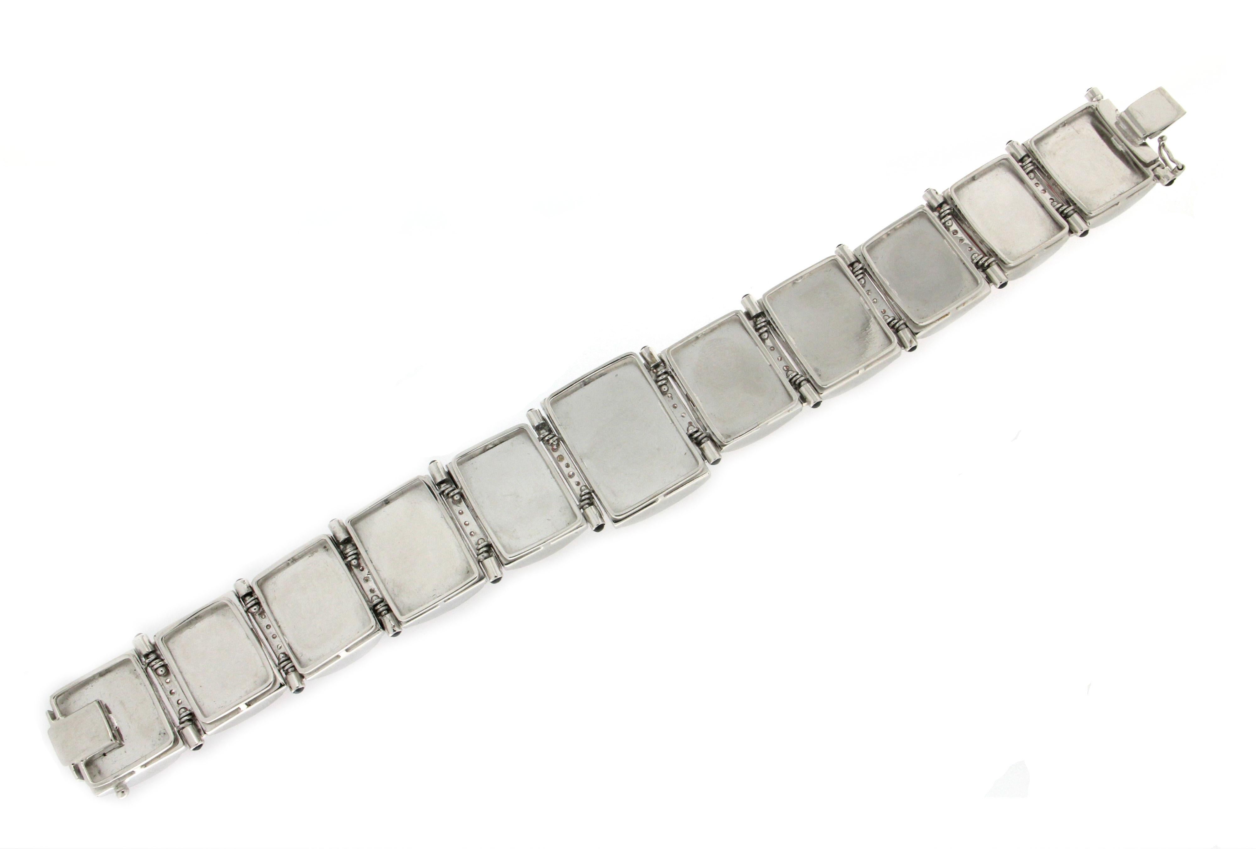 Women's or Men's Handcraft Sardinian Coral 18 Karat White Gold Diamonds Sapphires Cuff Bracelet For Sale
