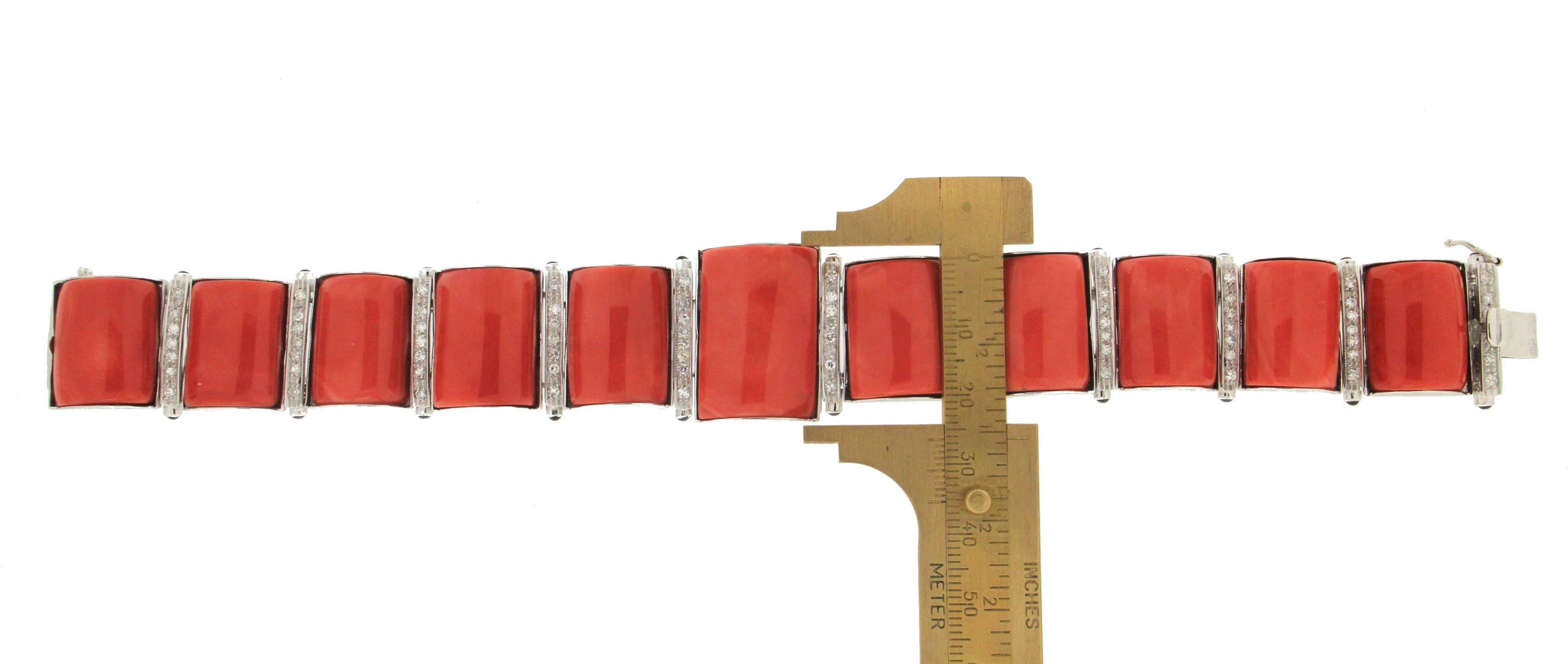 Handcraft Sardinian Coral 18 Karat White Gold Diamonds Sapphires Cuff Bracelet For Sale 1