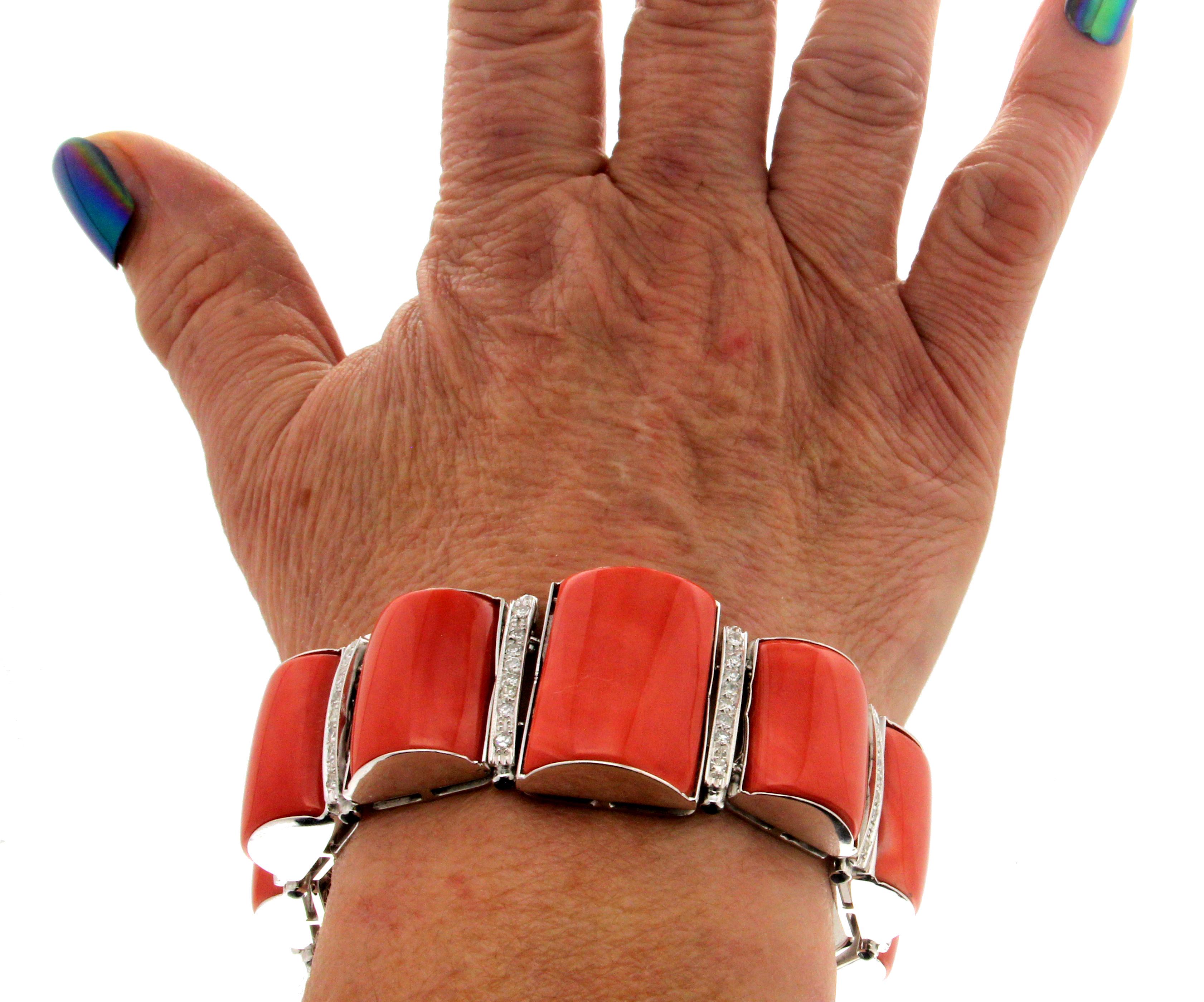 Handcraft Sardinian Coral 18 Karat White Gold Diamonds Sapphires Cuff Bracelet For Sale 3