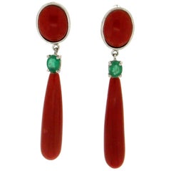 Antique Handcraft Sardinian Coral 18 Karat White Gold Emerald Drop Earrings