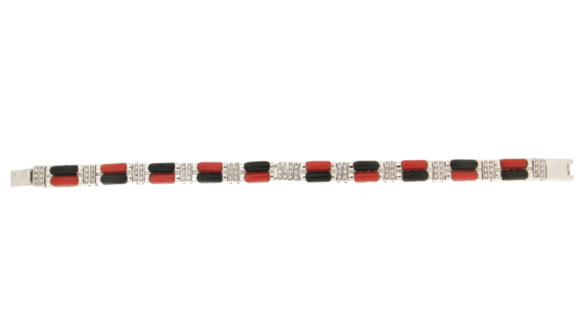 Artisan Handcraft Sardinian Coral 18 Karat White Gold Onyx Diamonds Cuff Bracelet For Sale