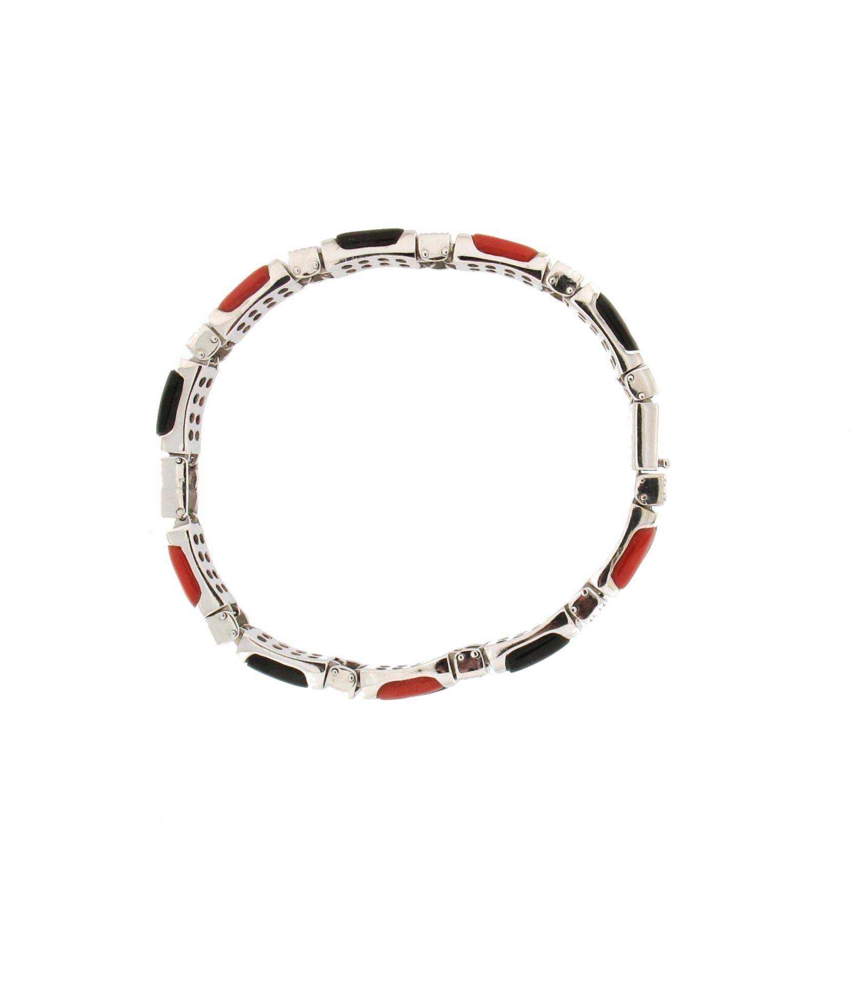 Brilliant Cut Handcraft Sardinian Coral 18 Karat White Gold Onyx Diamonds Cuff Bracelet For Sale